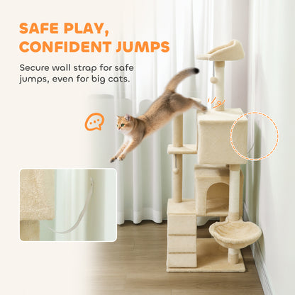 PawHut 140cm Large Cat Tree Tower with Sisal Scratching Posts, Plush Perches, Hammock, Beige PawHut
