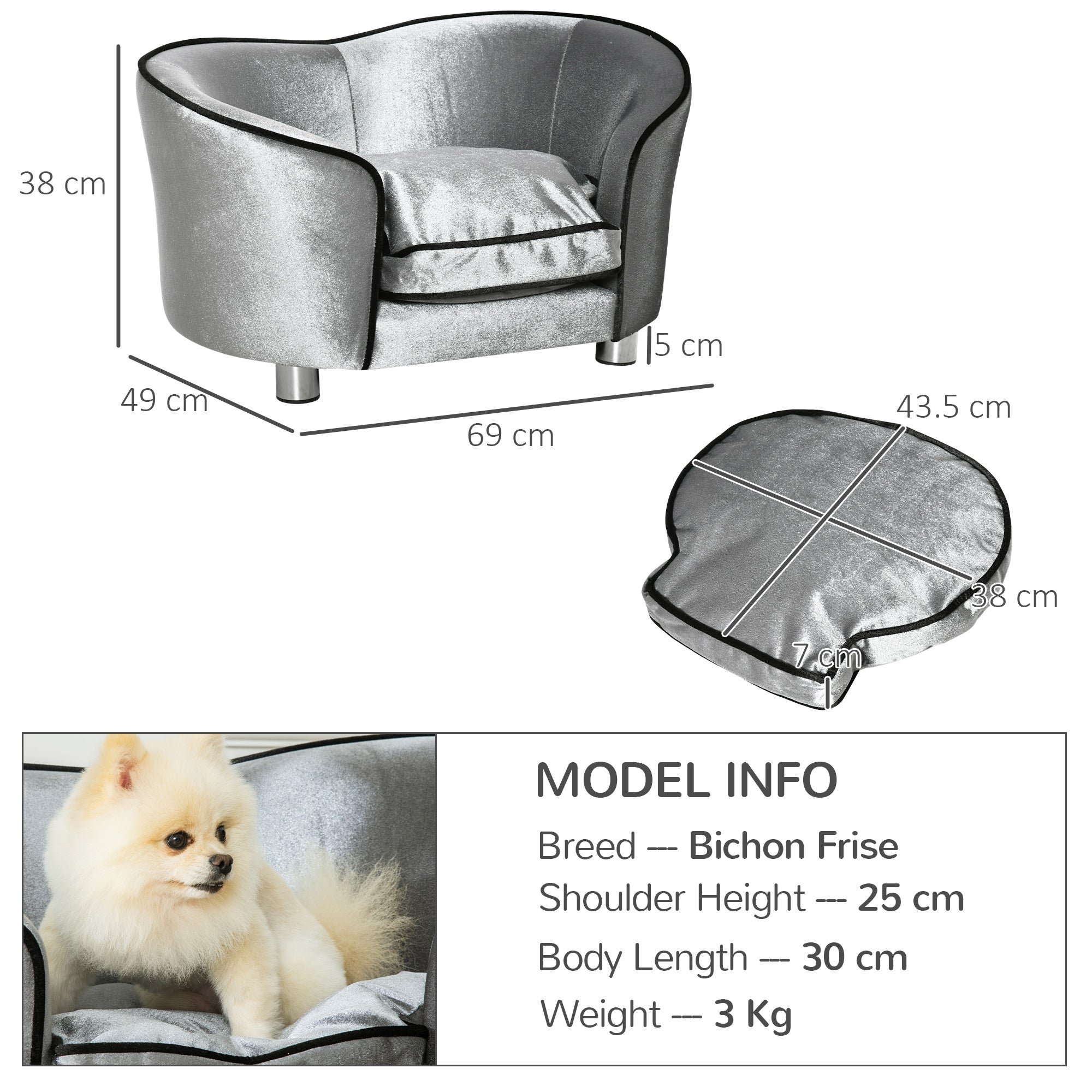 Pet Sofa with Storage Pocket, Modern Dog Bed & Cat Lounger, Removable Cushion, Silver Grey