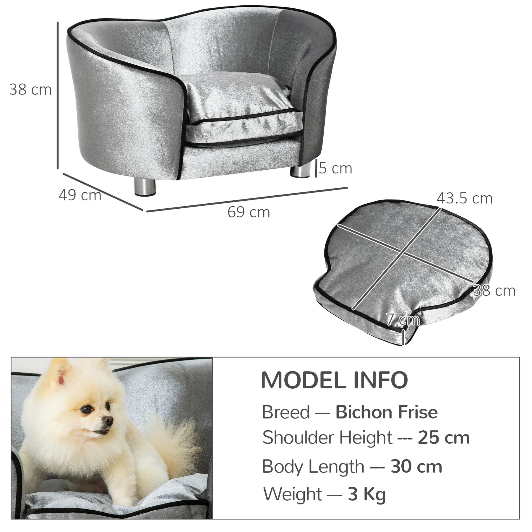 Pet Sofa with Storage Pocket, Modern Dog Bed & Cat Lounger, Removable Cushion, Silver Grey