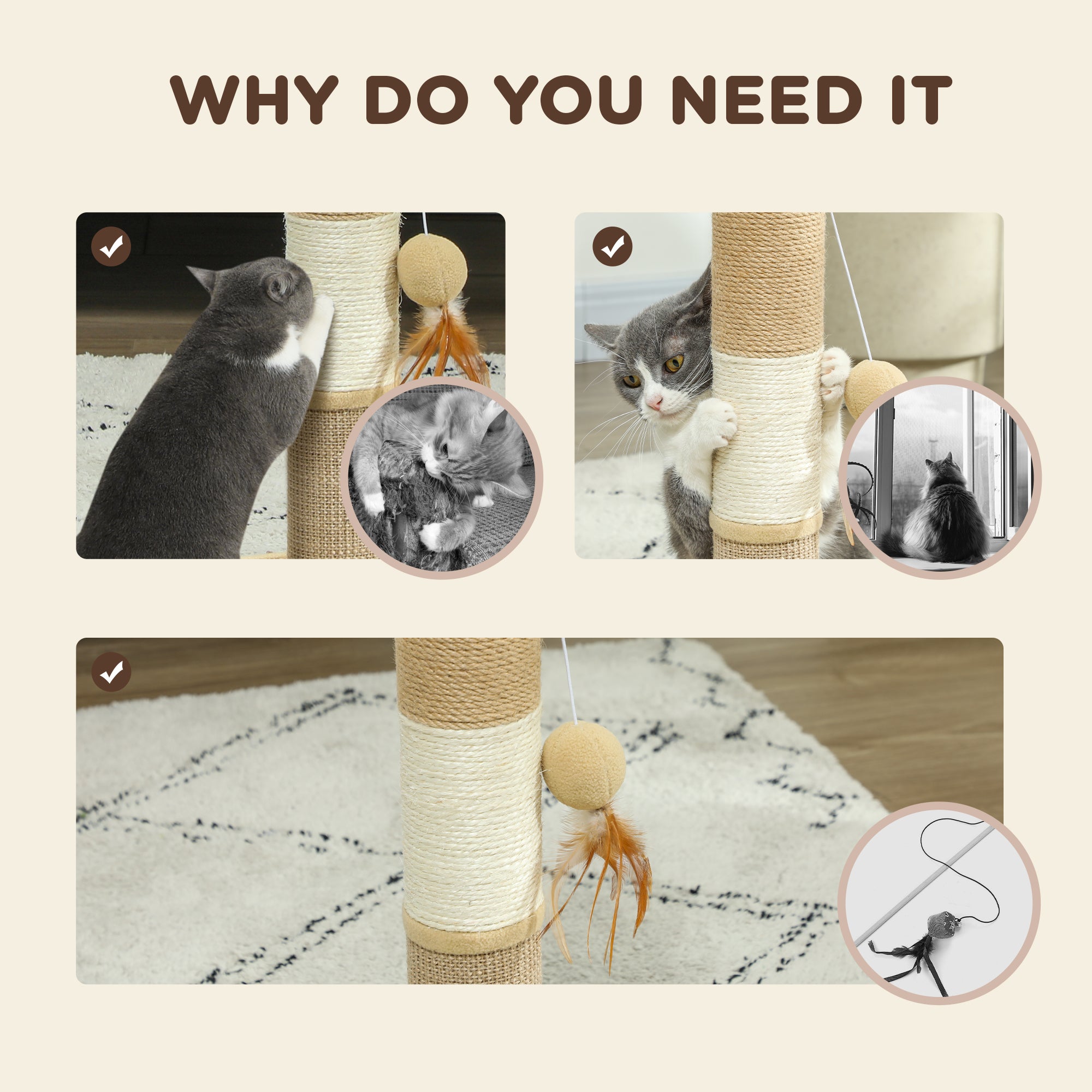 Cat Scratching Post for Indoor Cats, Cat Scratcher with Jute Sisal Rope, Hanging Toy Ball, Feather, Brown