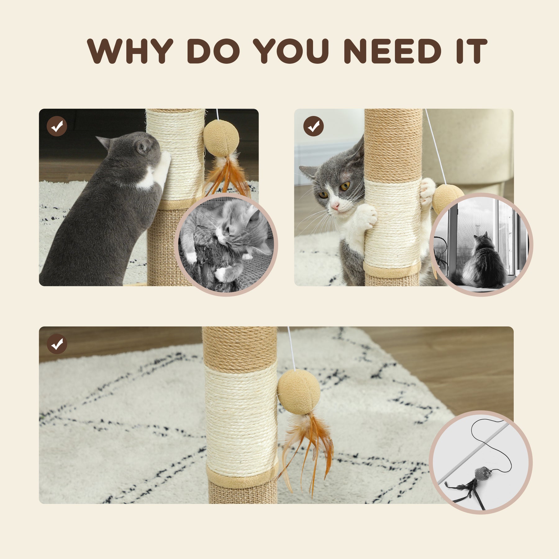 Cat Scratching Post for Indoor Cats, Cat Scratcher with Jute Sisal Rope, Hanging Toy Ball, Feather, Brown