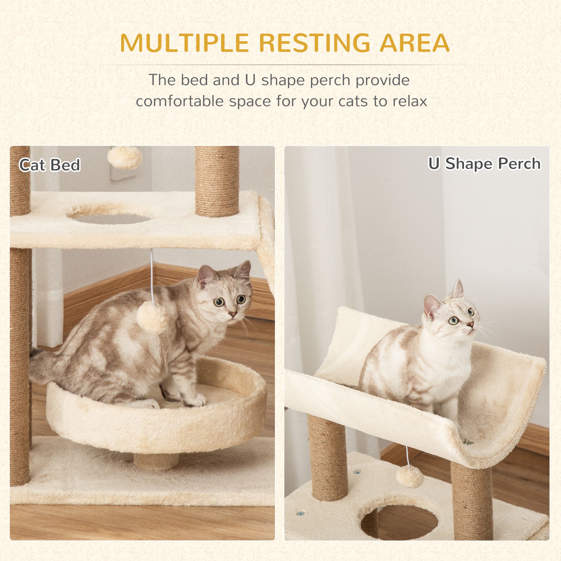 Cat Climbing Tree, Scratch Pad, Cosy Bed Perch, Play Ball, for Indoor Cats, Light Brown