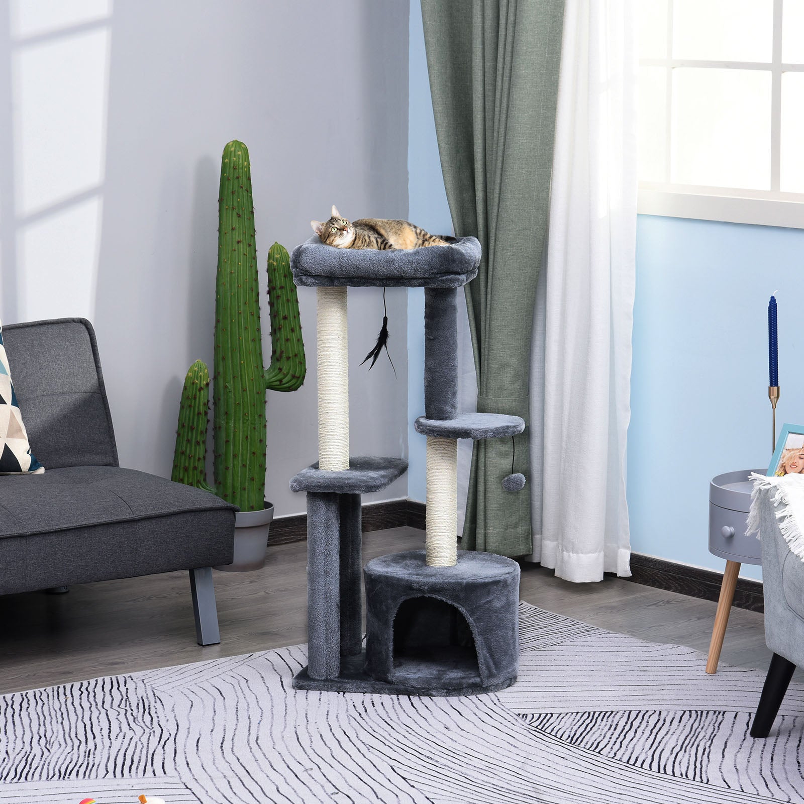 Cat Tree Tower: Multi-Activity Centre with Perch, House, Scratching Post, Play Ball & Rest Area, Grey & White