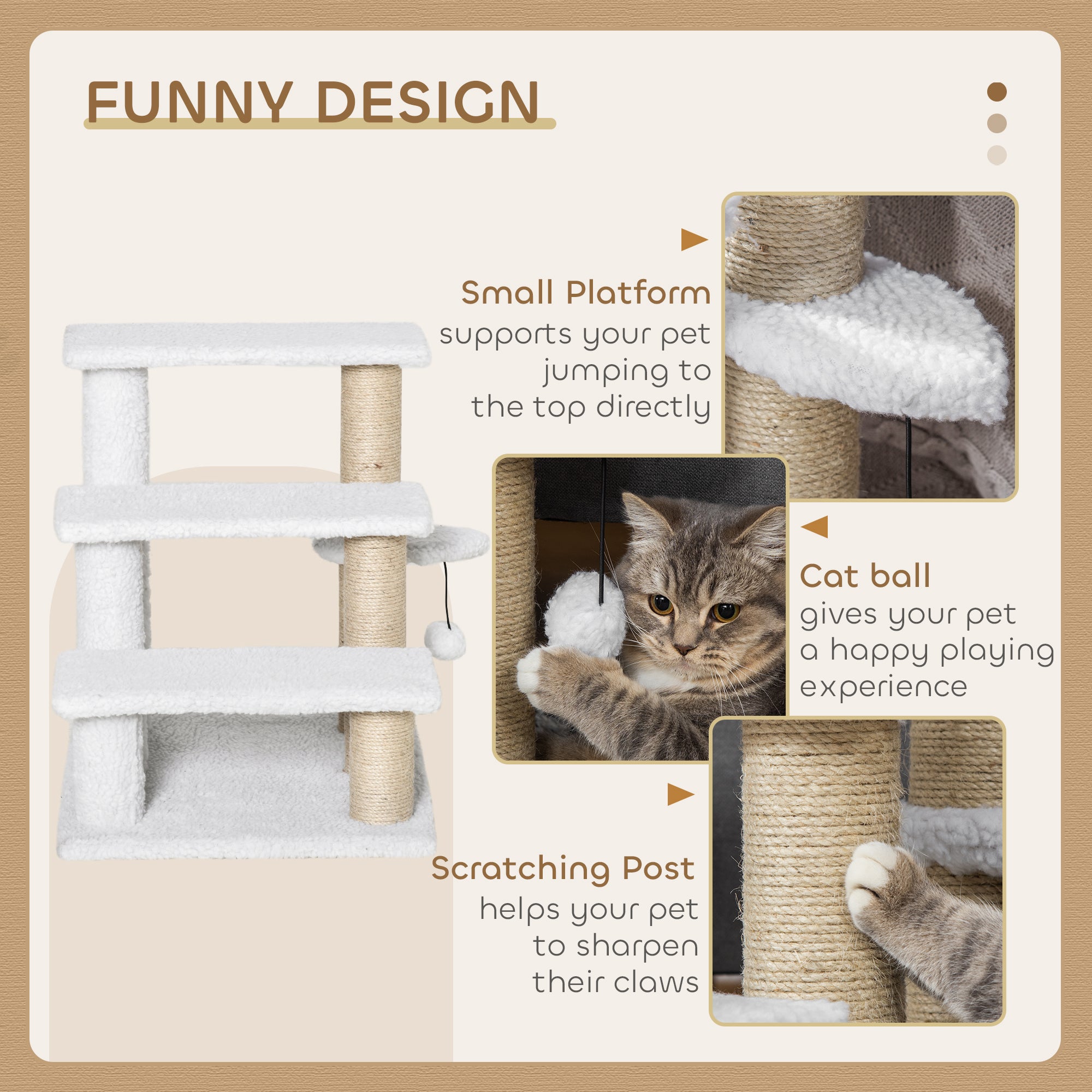 Pet Stair with 3-step Climb Ladder, Scratching Posts, Platforms, Toy Ball, for Indoor Cats Kittens, White