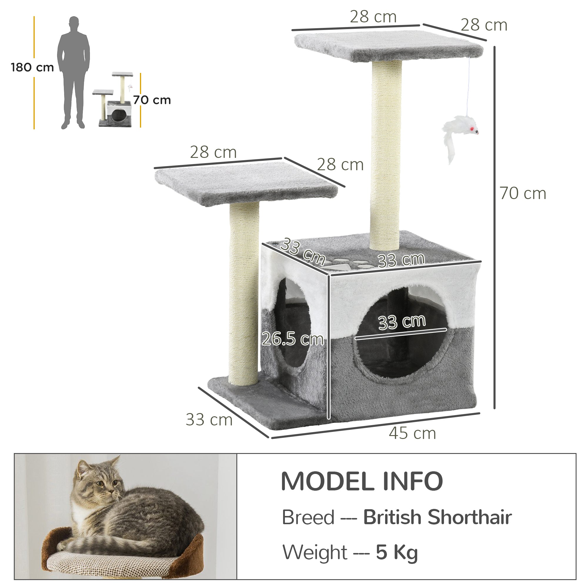 Deluxe Cat Climber: Sisal Scratching Posts, Cosy Condo, Elevated Perches & Playful Mouse, Sleek Grey