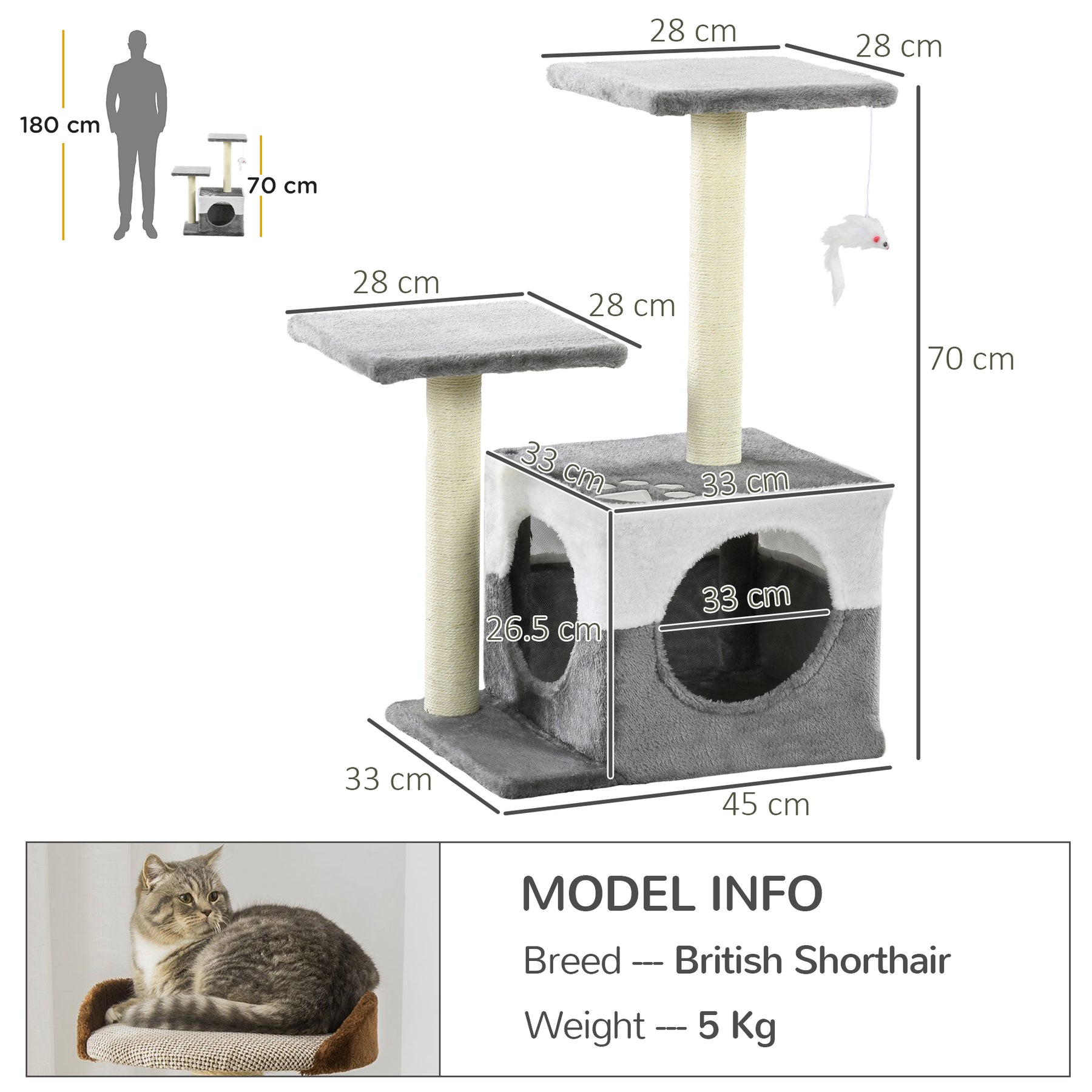 Deluxe Cat Climber: Sisal Scratching Posts, Cosy Condo, Elevated Perches & Playful Mouse, Sleek Grey