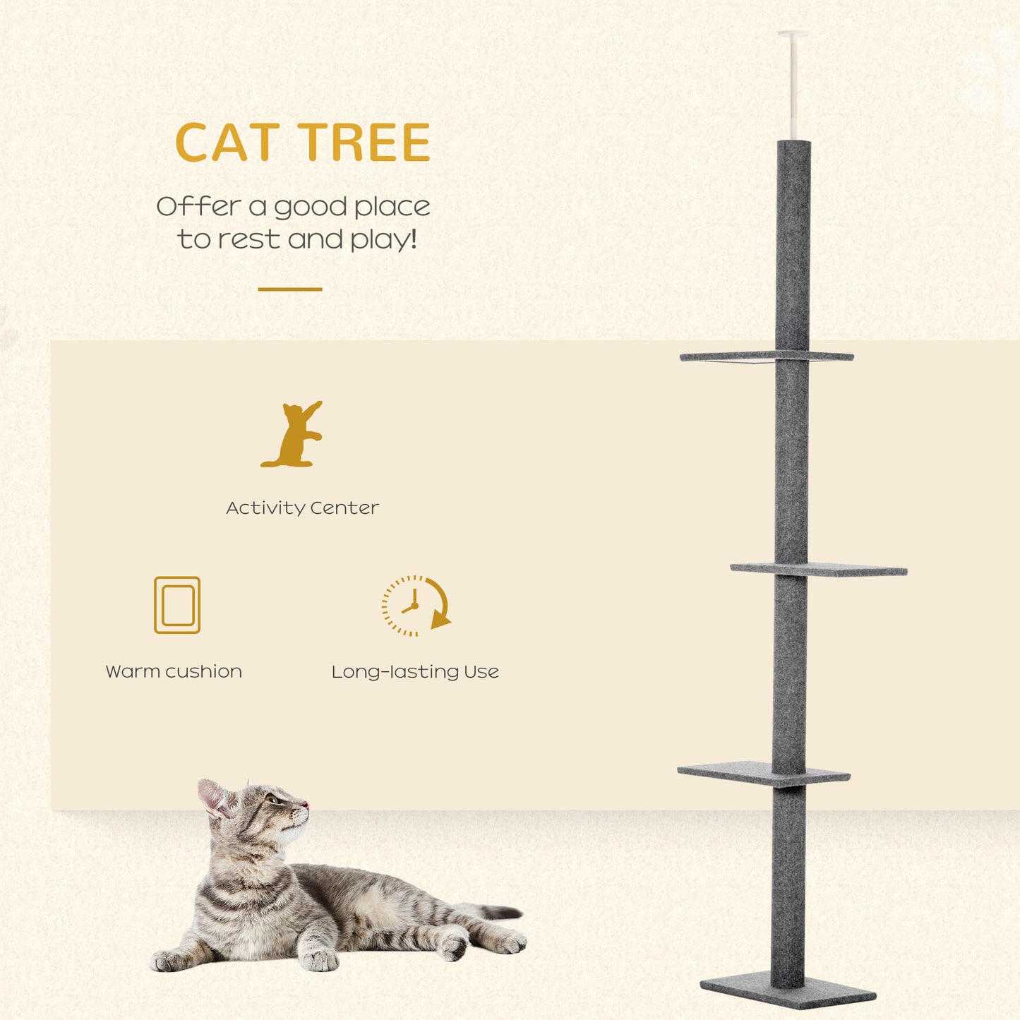 Cat Tree Tower Floor To Ceiling With 3 Perches Scratching