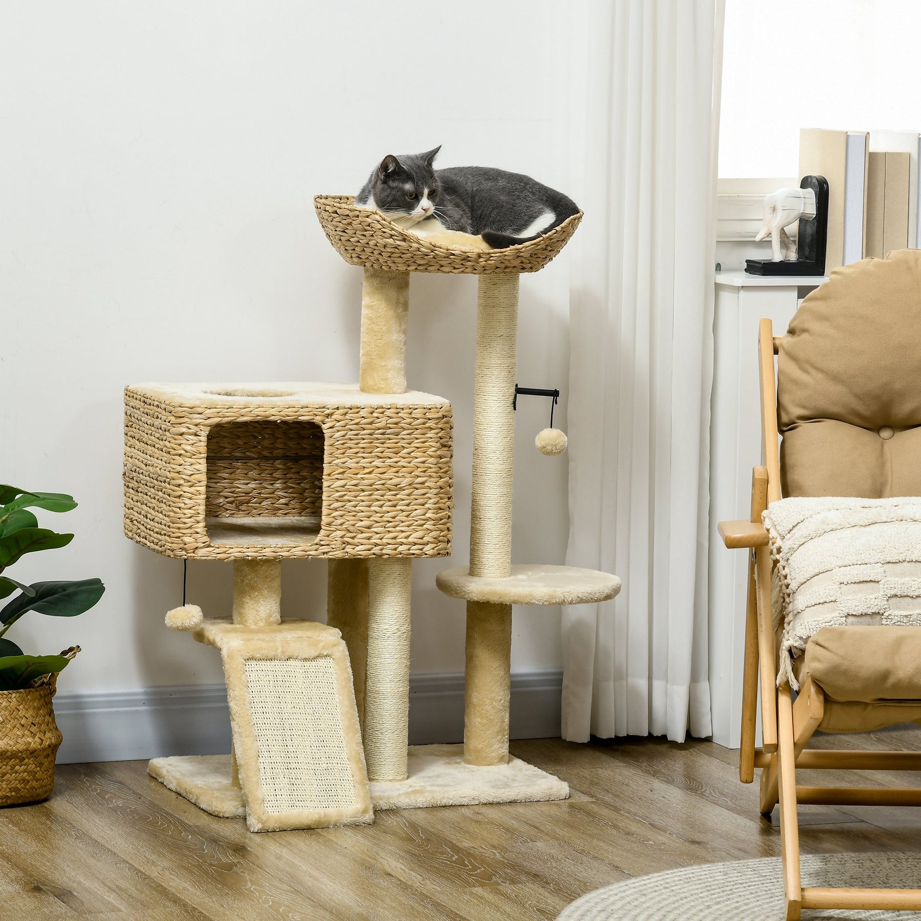 Cat Tree Tower for Indoor Cats, with Scratching Post, Cat House, Toy Ball, Platform - Beige