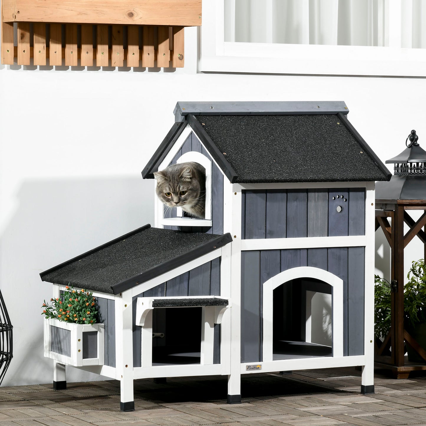 Wooden Cat House Outdoor With Flower Pot 2 Tiers Shelter Aosom UK