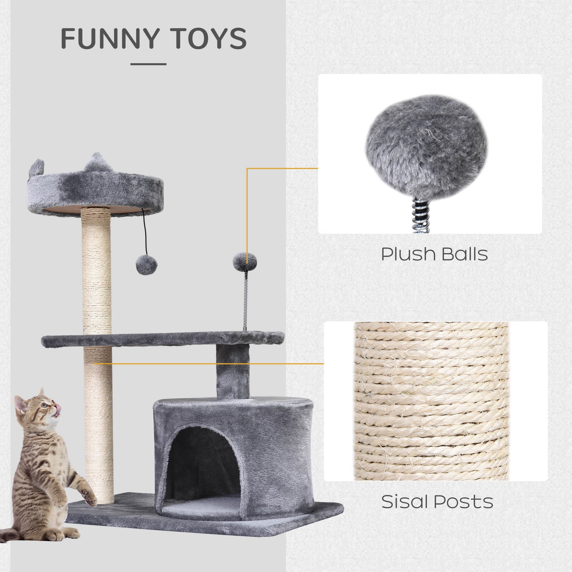 3-Tier Cat Scratching Post with Sisal Rope & Play Toys, Durable Activity Centre for Cats, Grey