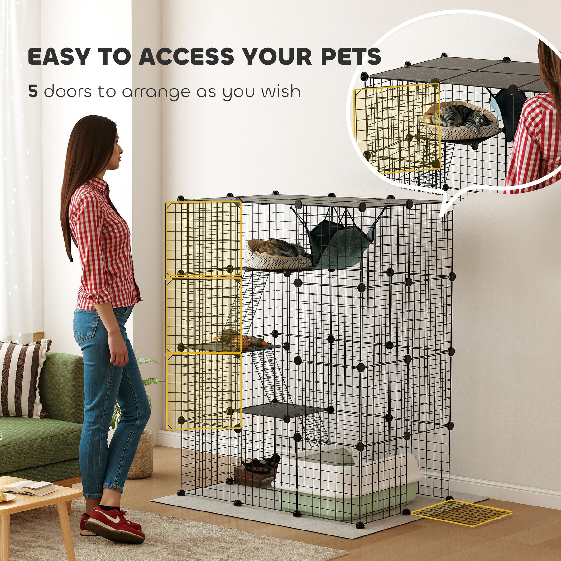 4-Tier DIY Large Cat Cage with Hammock, Ramps, 5 Doors, Indoor Use for 1-3 Cats, Black