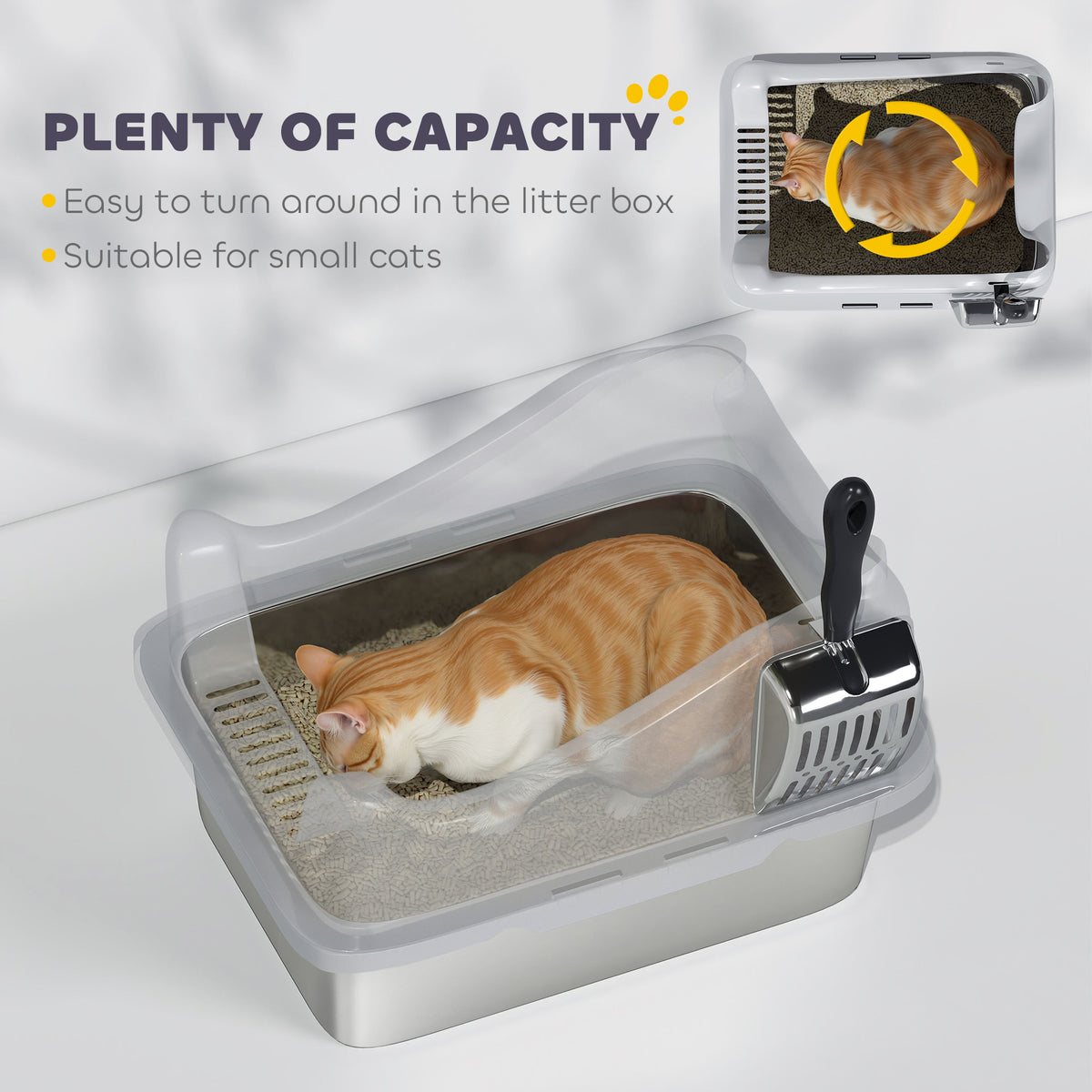 PawHut Stainless Steel Cat Litter Box with High Sides, Metal Scoop, 43 x 33 x 25 cm PawHut