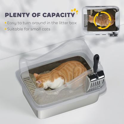 PawHut Stainless Steel Cat Litter Box with High Sides, Metal Scoop, 43 x 33 x 25 cm PawHut