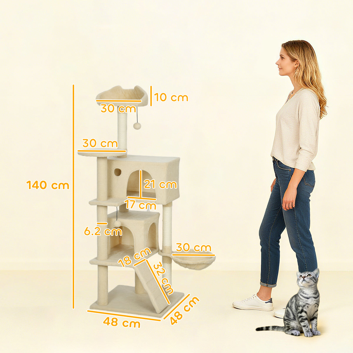 PawHut 140cm Large Cat Tree Tower with Sisal Scratching Posts, Plush Perches, Hammock, Beige PawHut