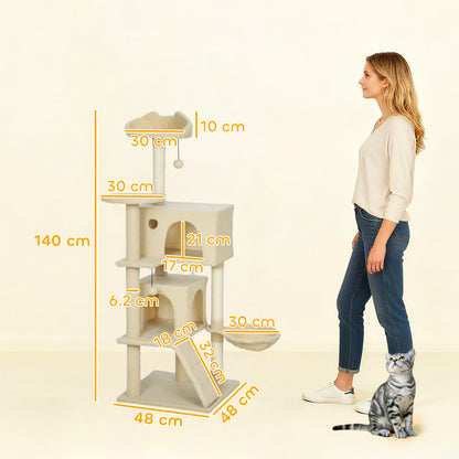 PawHut 140cm Large Cat Tree Tower with Sisal Scratching Posts, Plush Perches, Hammock, Beige PawHut