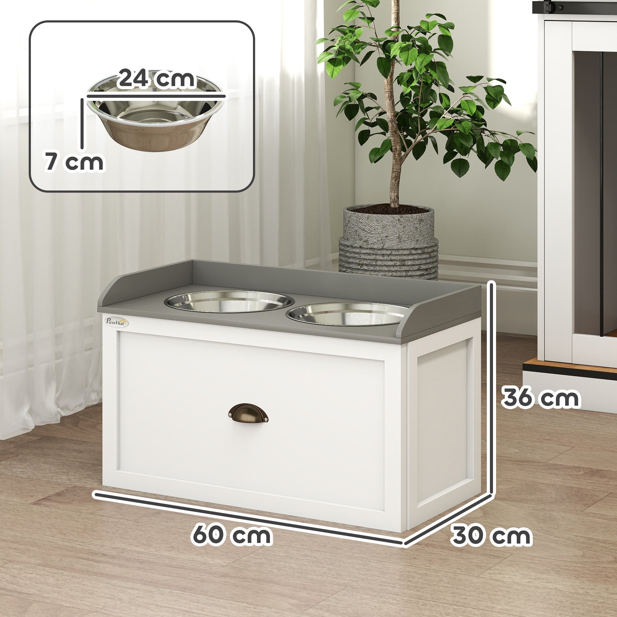 Stainless Steel Raised Dog Bowls with 21L Storage Drawer for Large Dogs and Cats - White