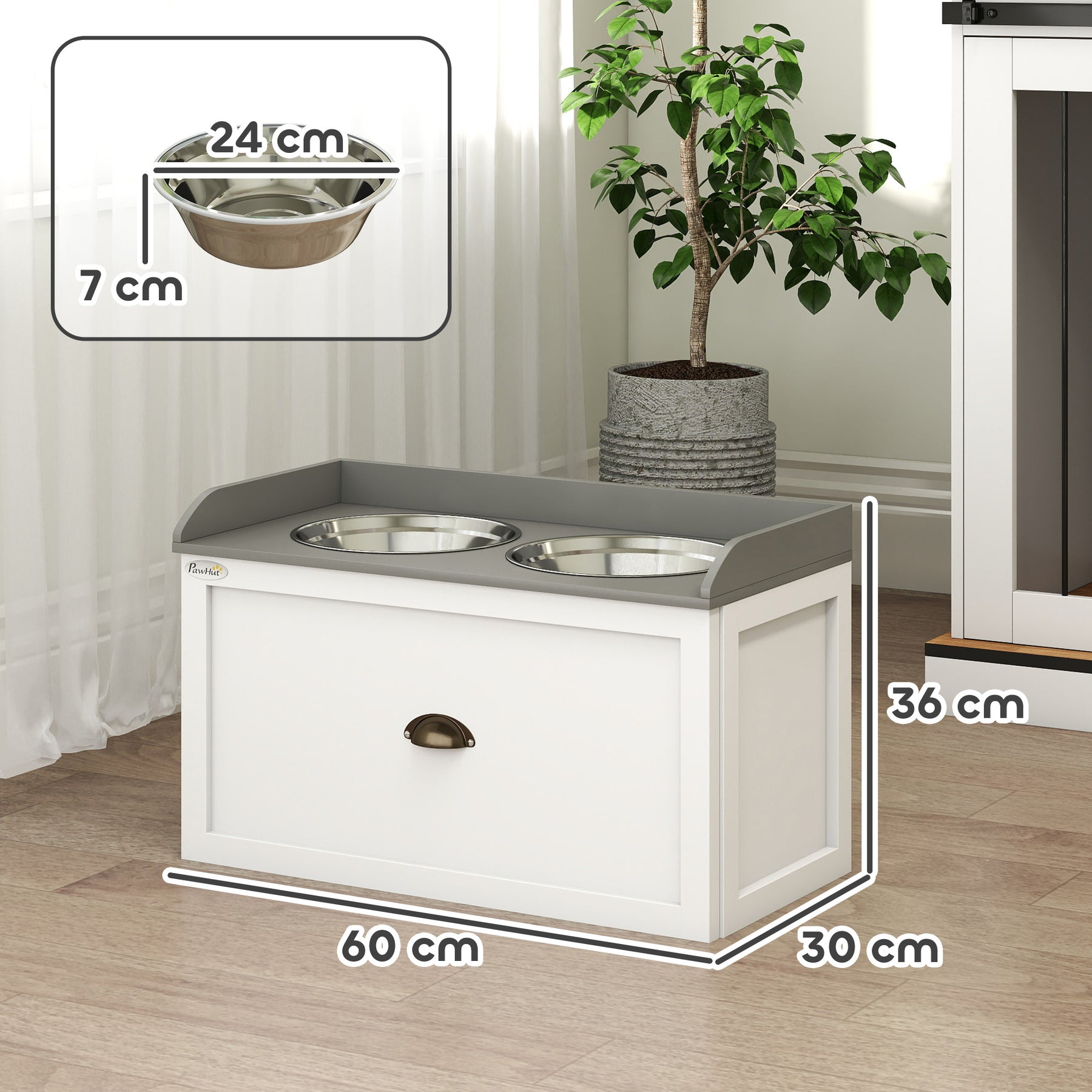 Stainless Steel Raised Dog Bowls with 21L Storage Drawer for Large Dogs and Cats - White