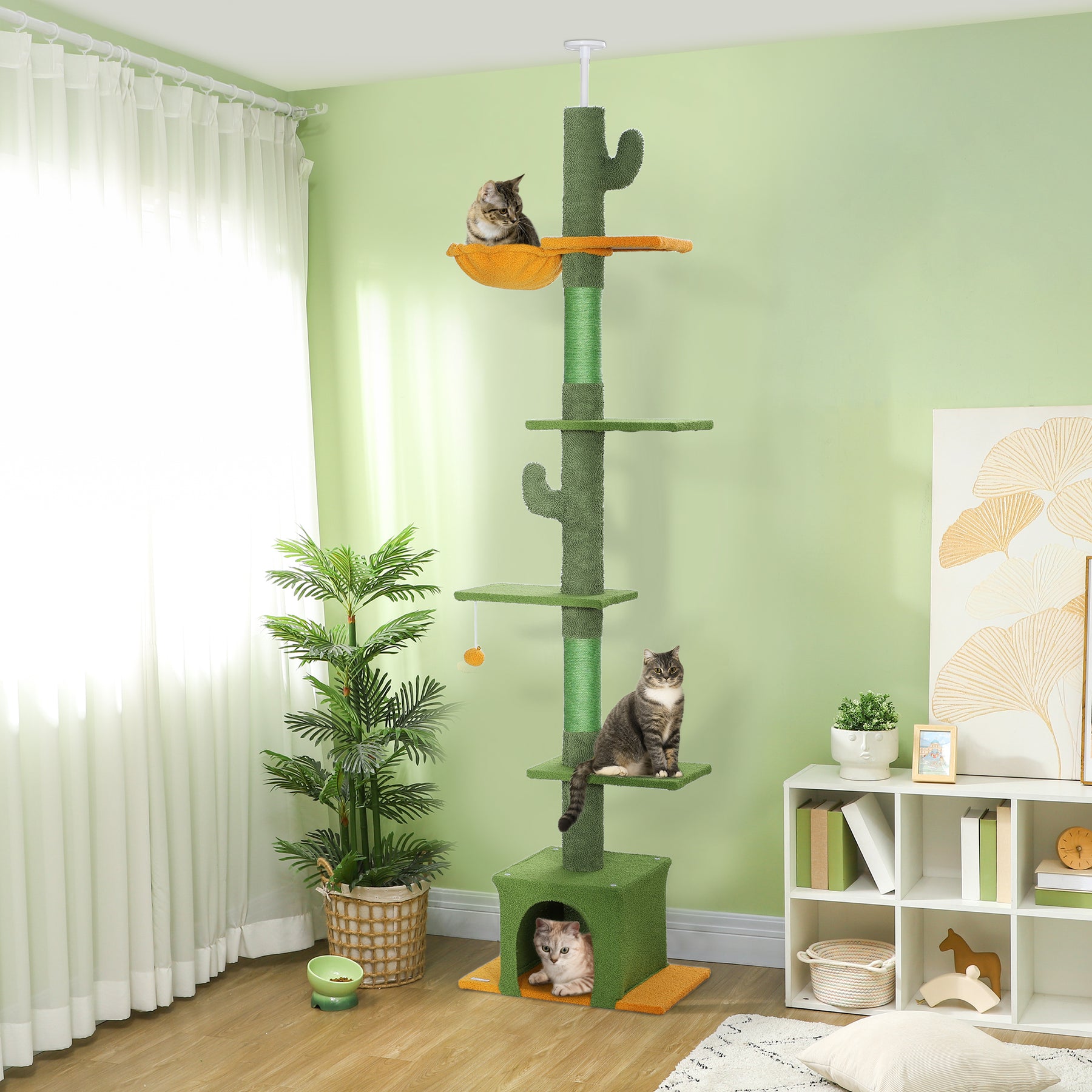 Floor-to-Ceiling Adjustable Cat Tree with Scratching Posts, Hammock