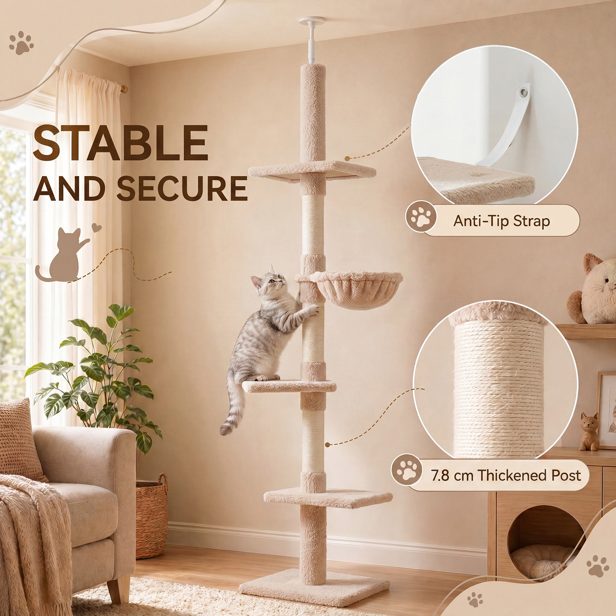 Floor to Ceiling Cat Tree 5-Tier Kitty Tower Activity Center Scratching Post