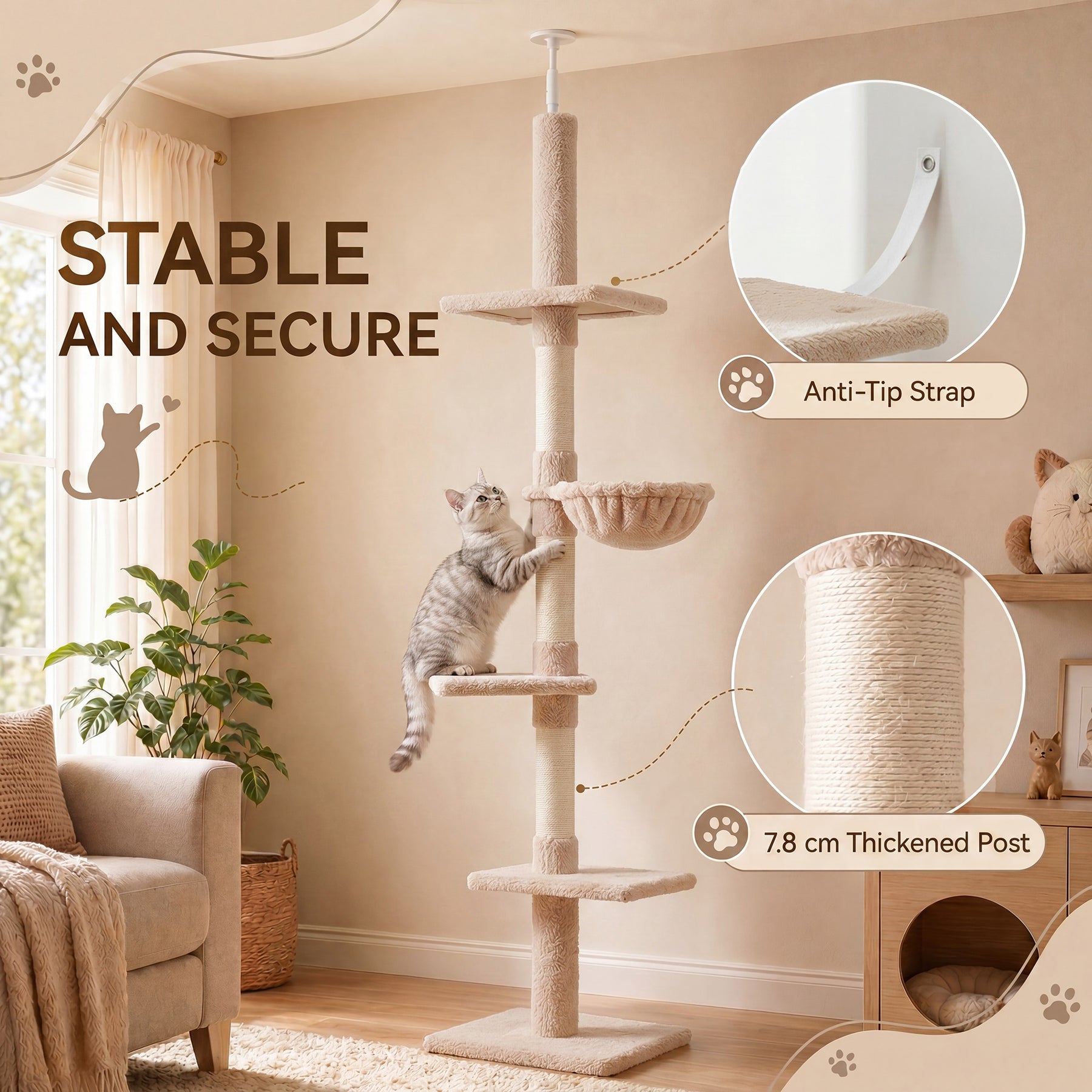 Floor to Ceiling Cat Tree 5-Tier Kitty Tower Activity Center Scratching Post