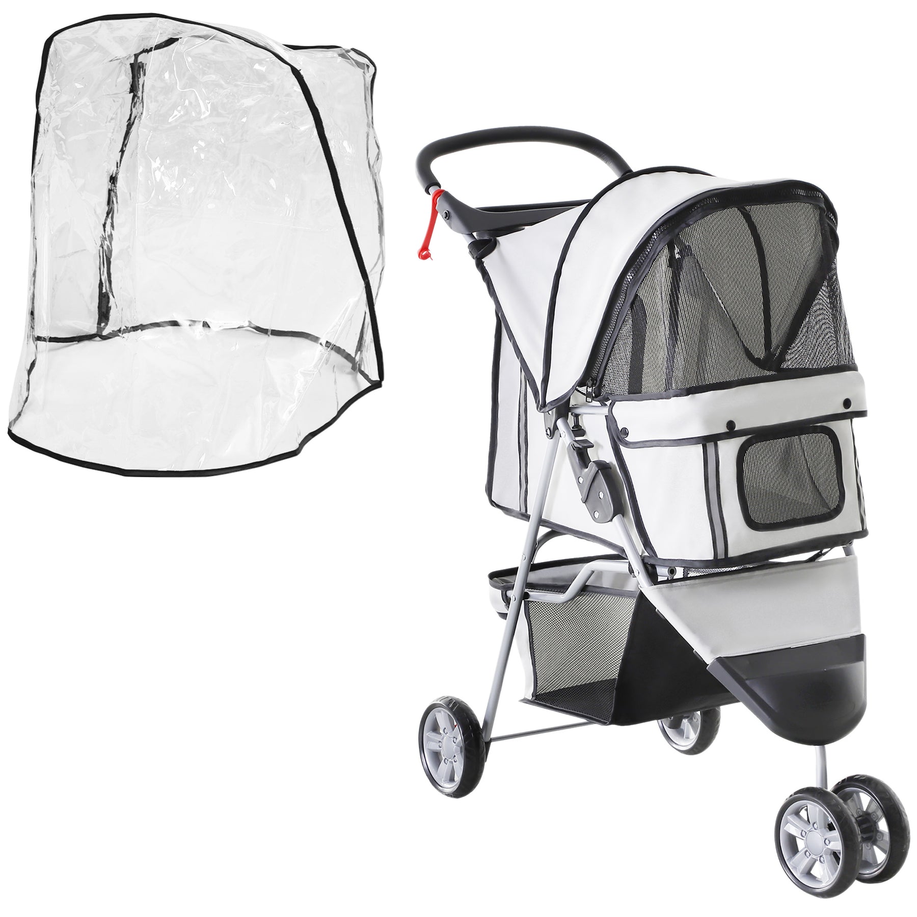 Small Dog Stroller with Cover, Folding Cat Pram Pushchair with Cup Holder, Storage Basket, Reflective Strips, Grey
