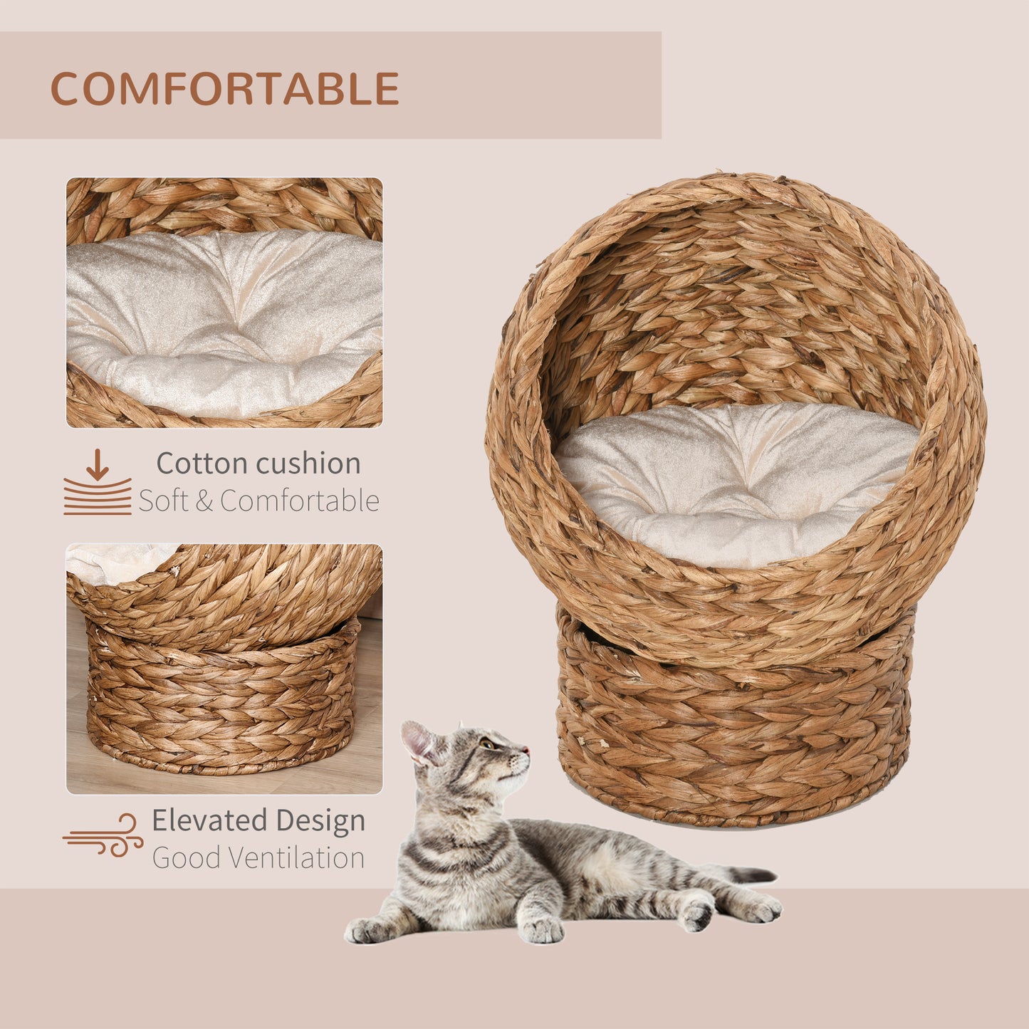 Wicker Cat Bed Elevated Rattan Basket With Soft Washable Aosom UK