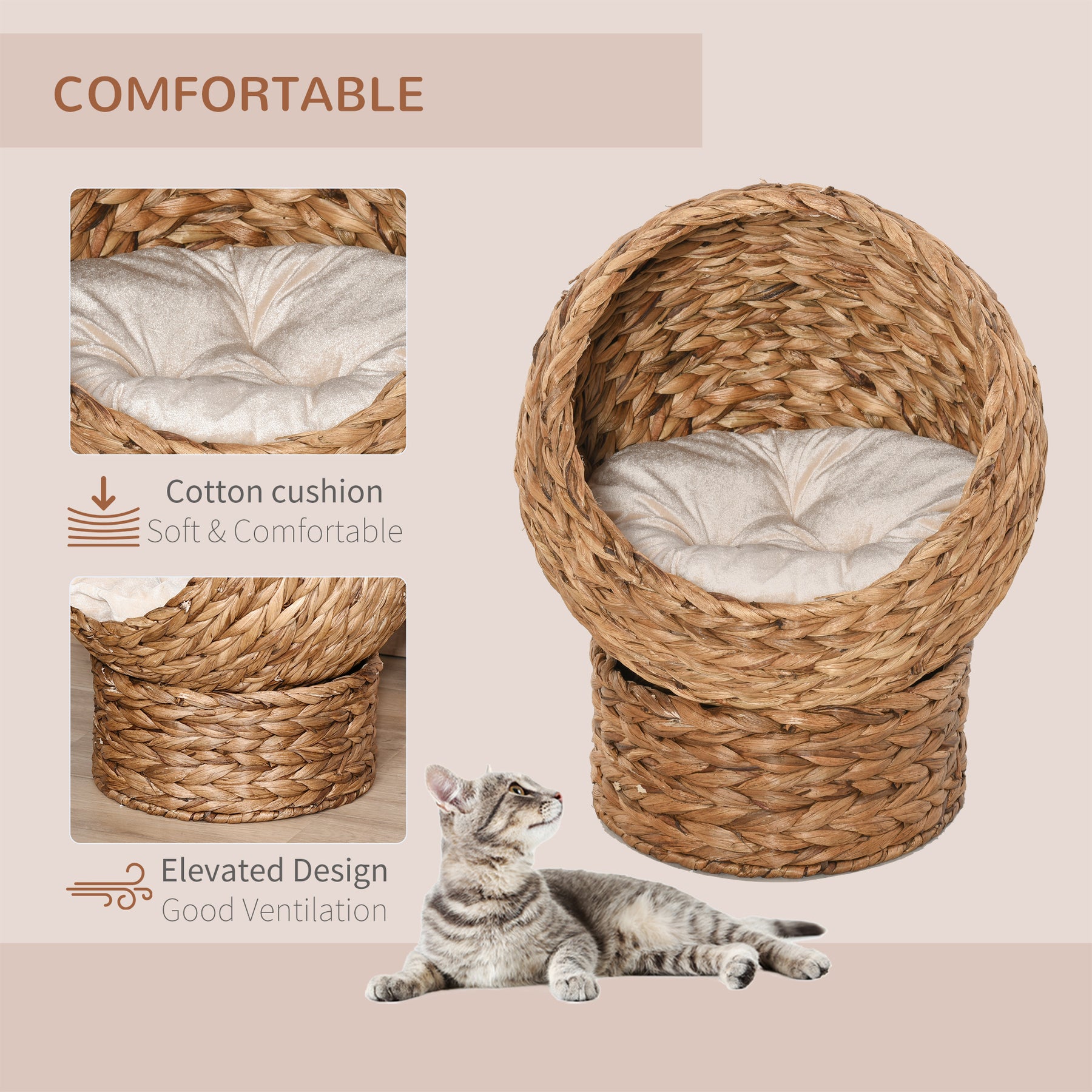 Wicker Cat Bed, Elevated Rattan Basket with Soft Washable Cushion, Brown