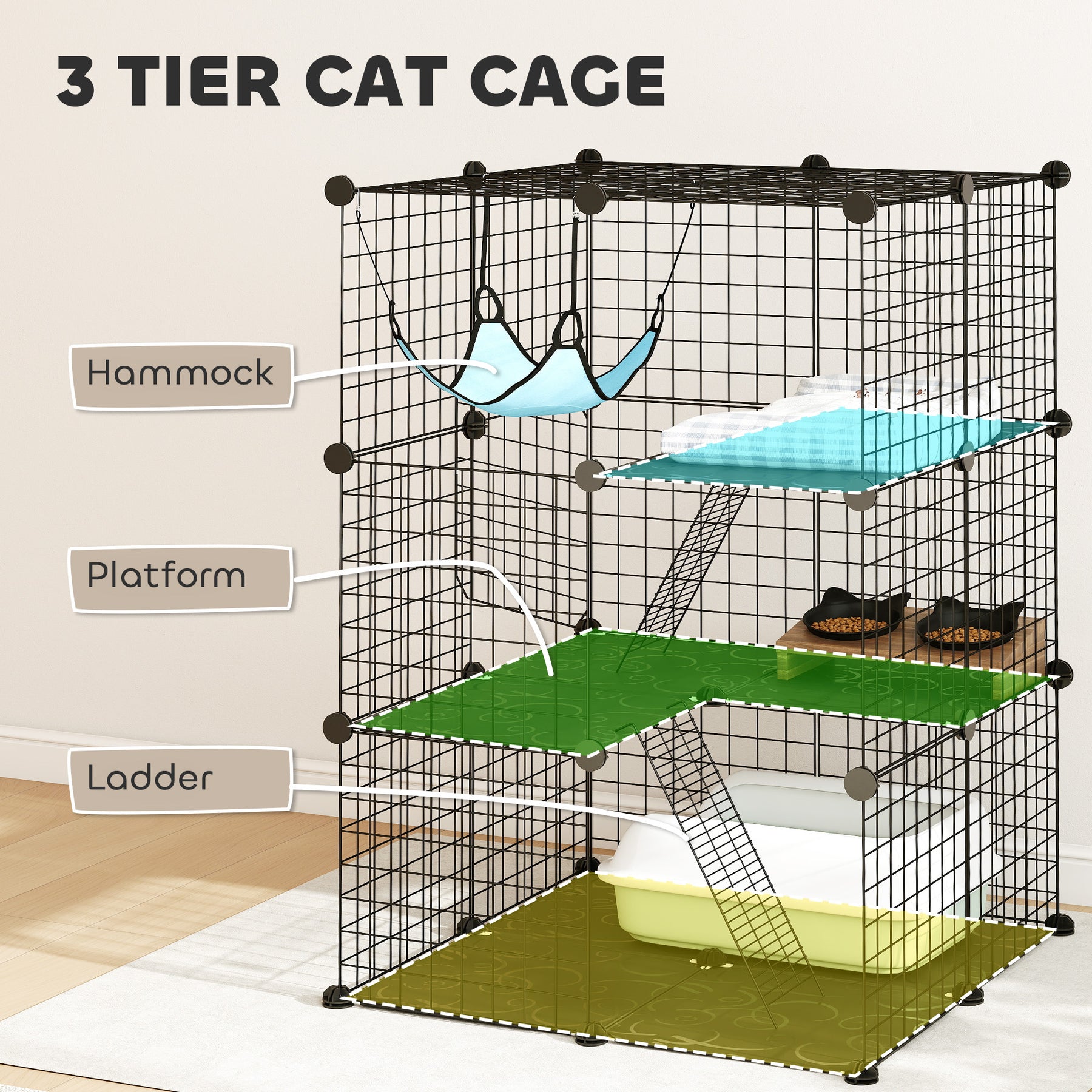 Indoor Cat Cage DIY Customizable 3-Tier Indoor Cat Enclosure with 3 Doors and Hammock  Black