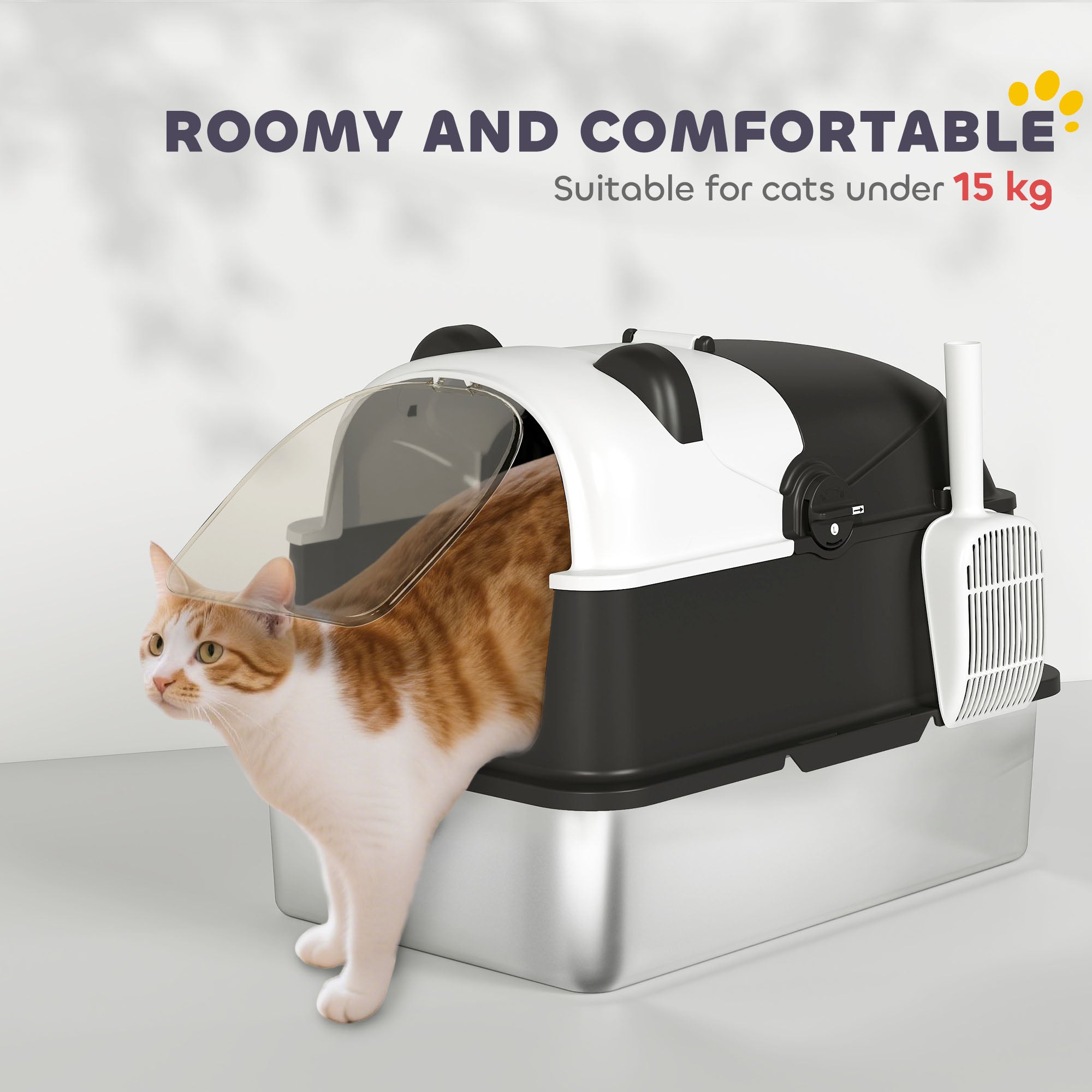 Panda Style XL Stainless Steel Cat Litter Box with Lid, Enclosed Kitty Litter Box with Scoop
