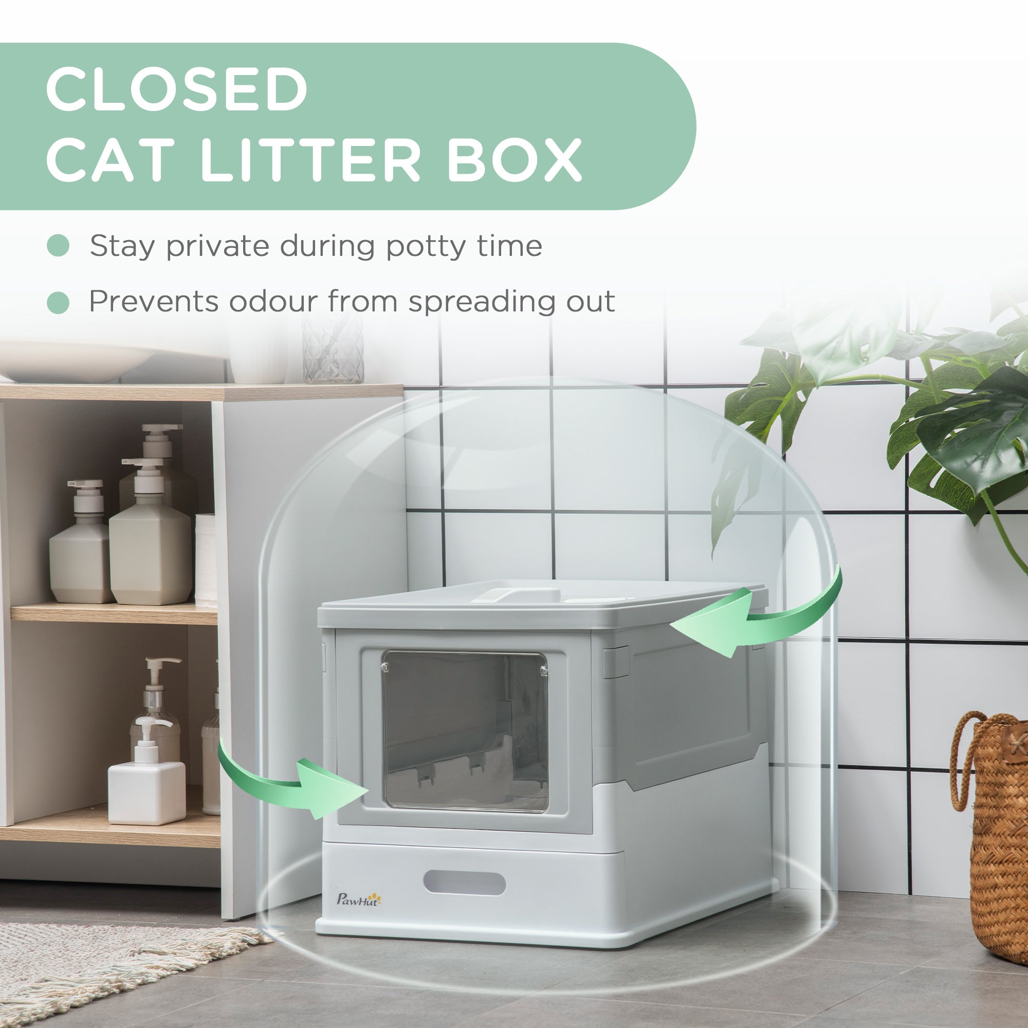 Hooded Cat Litter Box with Scoop, Front Entry Top Exit, Portable Pet Toilet, Large Space, Easy Assemble, Grey