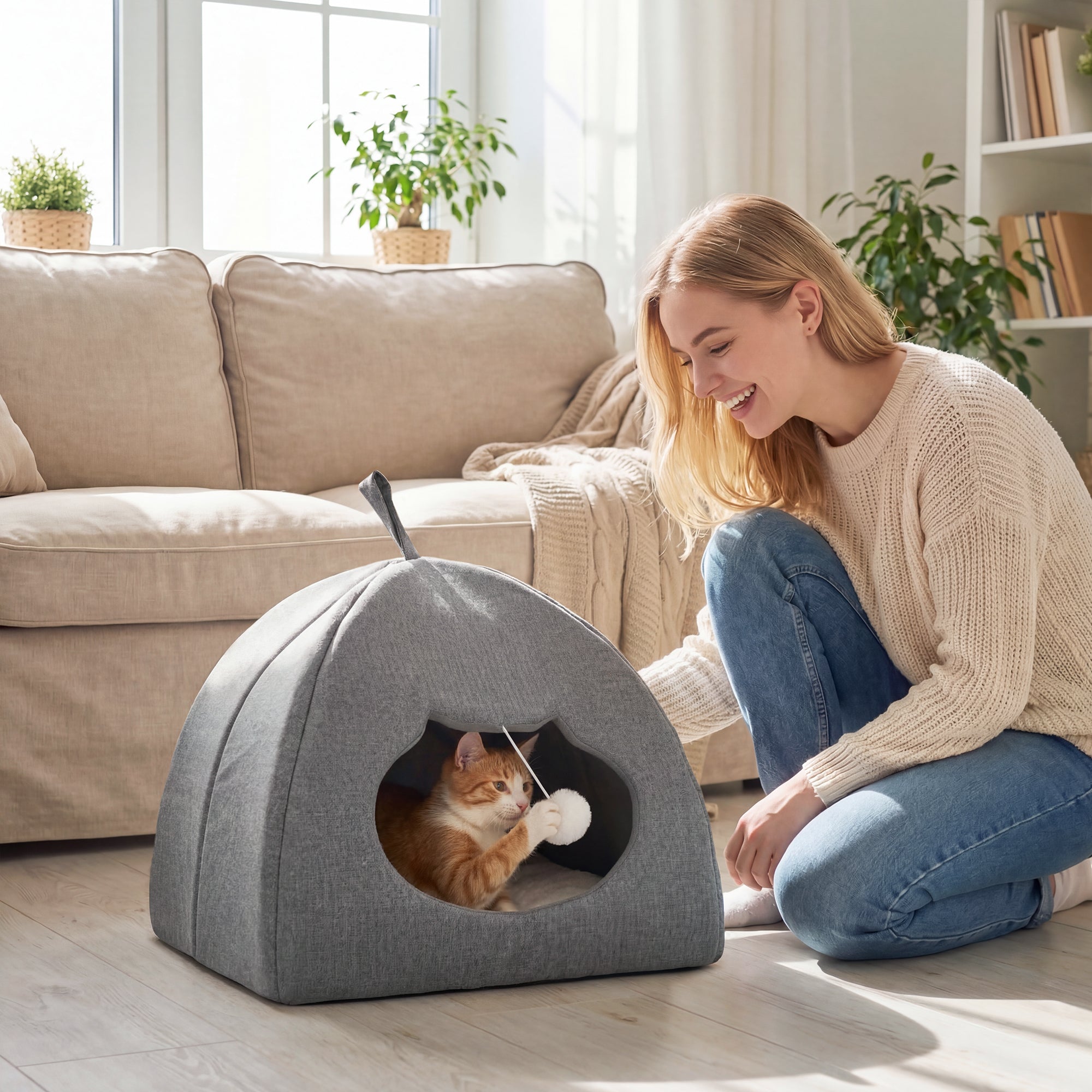 Cat Cave Bed for Indoor Kittens, Cat House with Removable Cushion and Teaser Ball, Kitty Igloo with Anti-Slip Base, Grey