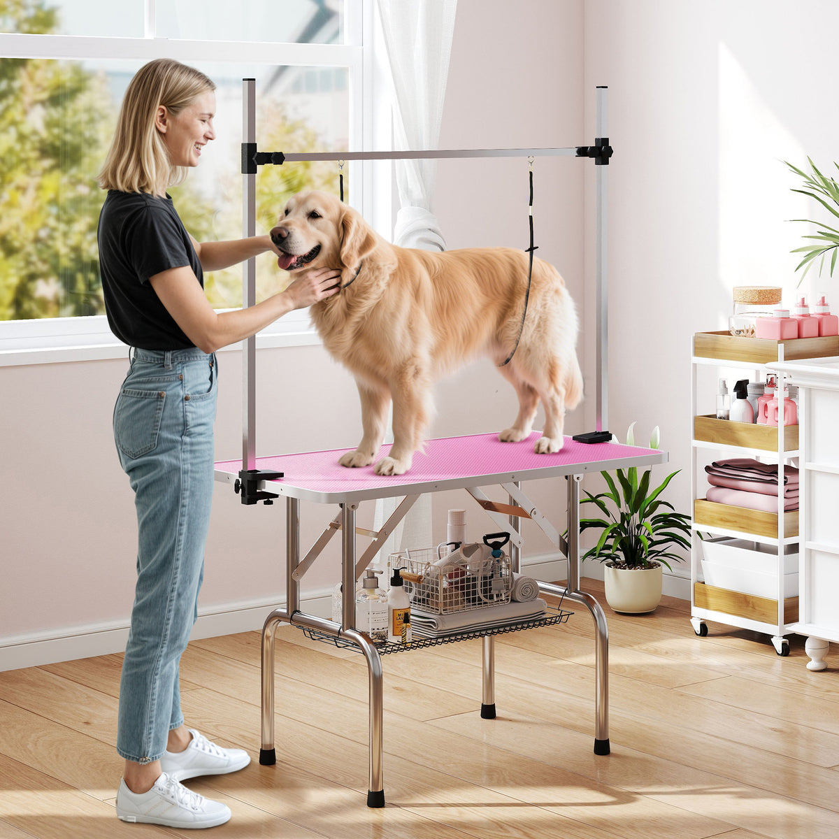 PawHut 42" Dog Grooming Table, Adjustable Pet Cat Drying Beauty Table with 2 Loops Storage Basket, Rubber Top, Pink PawHut