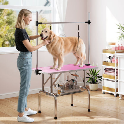 PawHut 42" Dog Grooming Table, Adjustable Pet Cat Drying Beauty Table with 2 Loops Storage Basket, Rubber Top, Pink PawHut