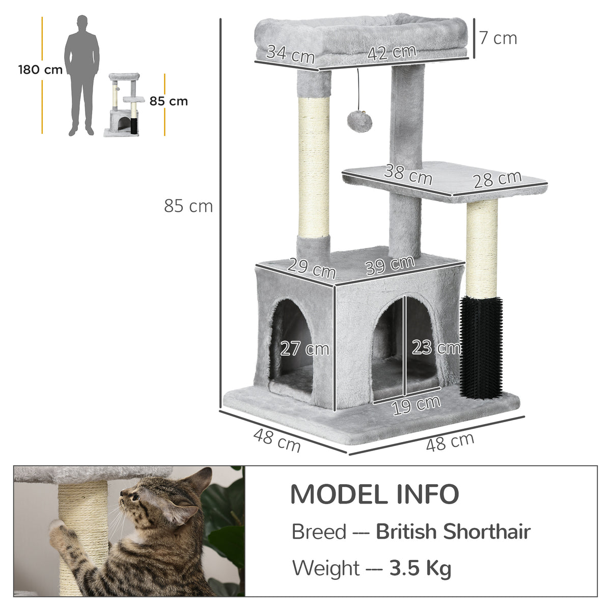 PawHut Cat Tree Tower 85cm with Sisal Scratching Post, House & Bed Cat Tree PawHut