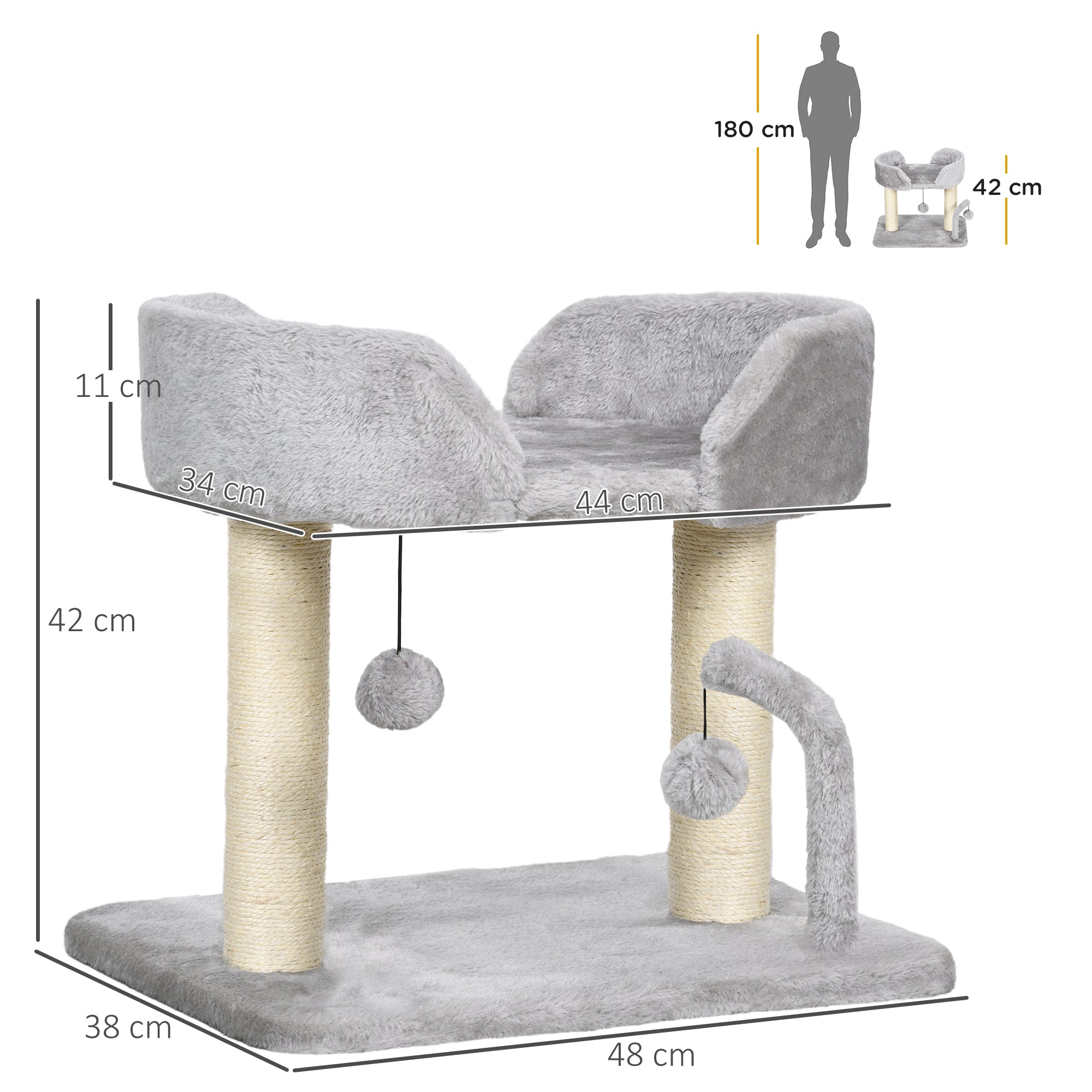 Indoor Cat Tree: Compact Activity Centre with Sisal Scratching Post & Toy Balls, Light Grey