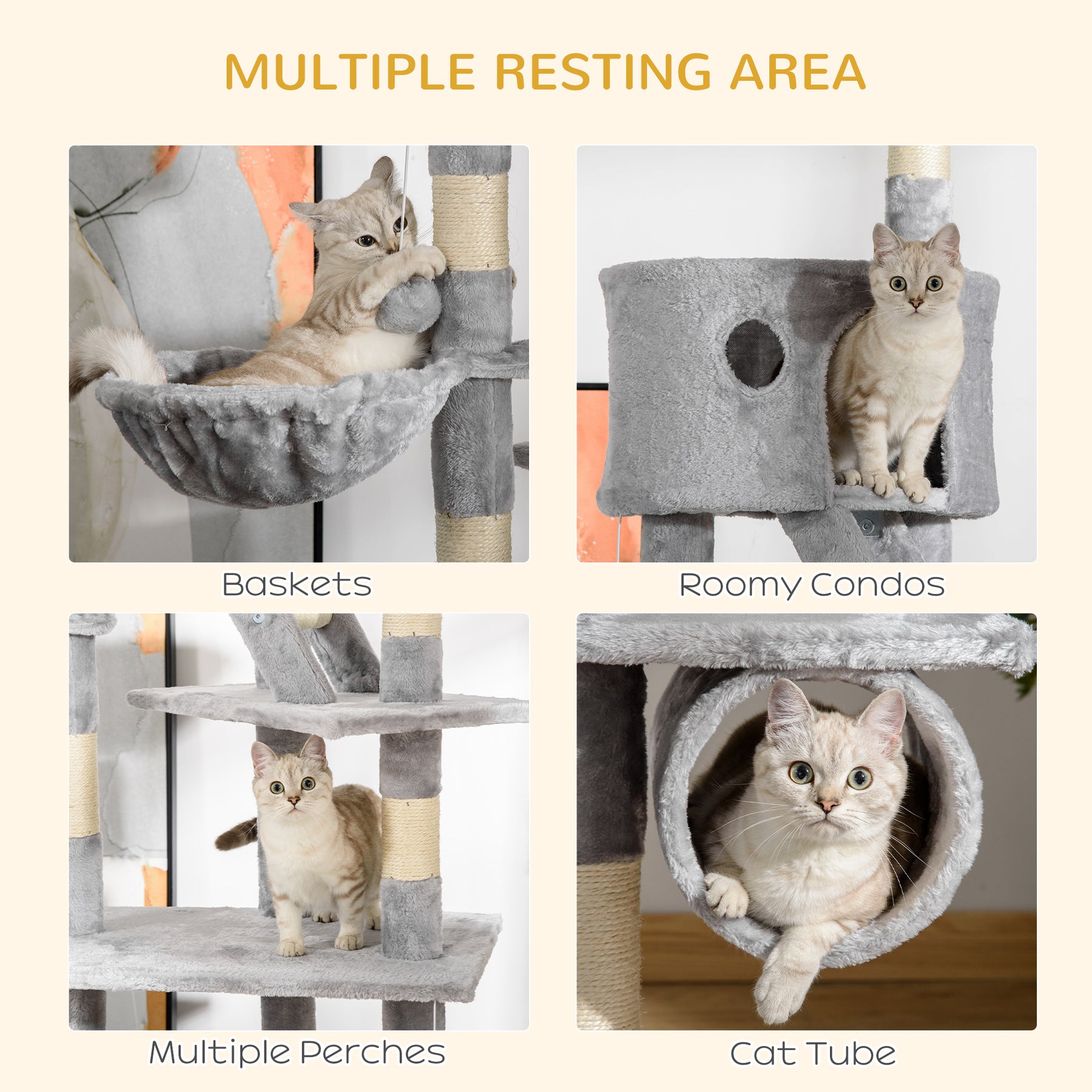 Floor to Ceiling Cat Tree for Indoor Cats Adjustable Height Light Grey