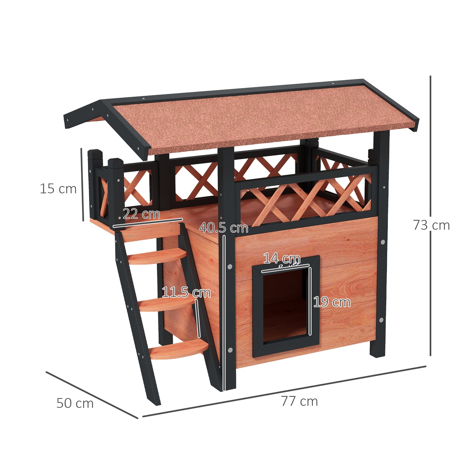 Cat House Outdoor w/ Balcony Stairs Roof, Brown