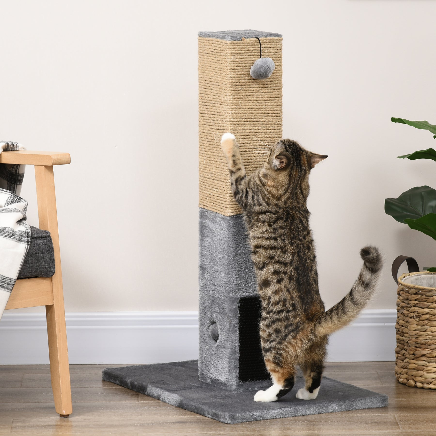 Cat Scratching Post, 79cm Tall with Jute Scratcher and Climbing Activity Centre, Carpet Base and Dangling Ball, Grey