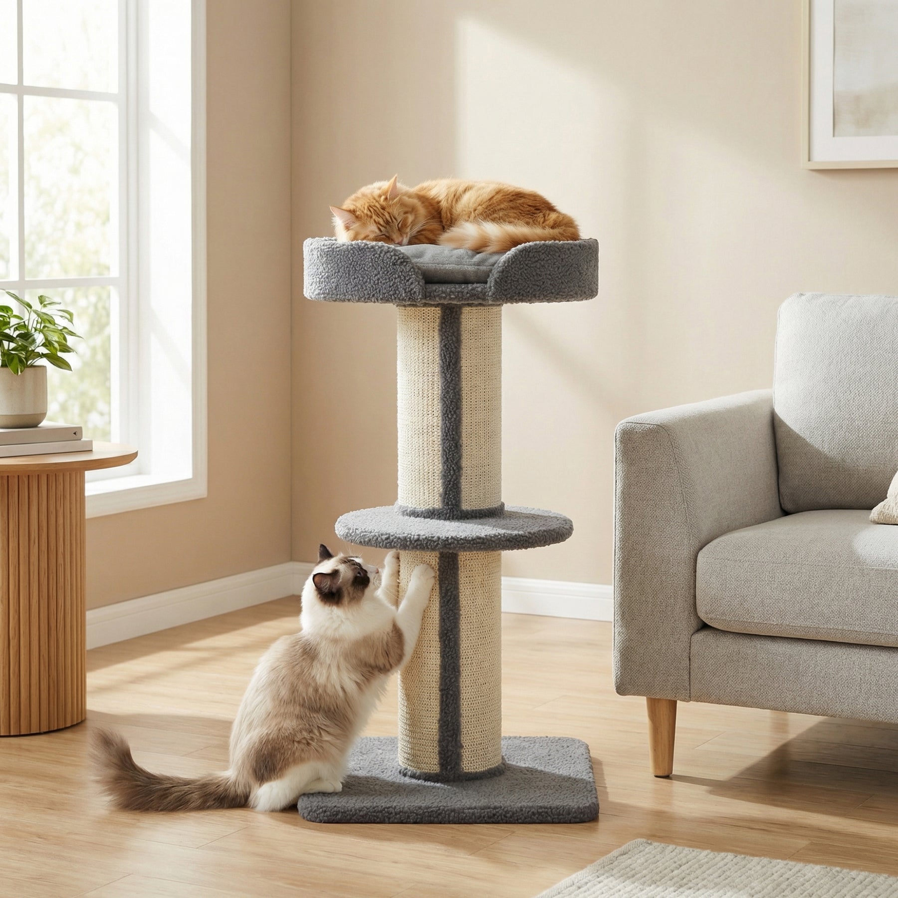 Cat Tree with Sisal Scratching Post, Cat Tower Kitten Activity Center climbing frame with large platform Lamb Cashmere Perch, Grey