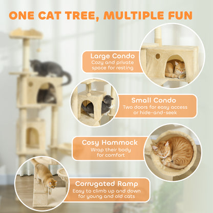 PawHut 180cm Large Cat Tree Tower with Sisal Scratching Posts, Condos, Plush Perches, Hammock, Ladder, Beige PawHut
