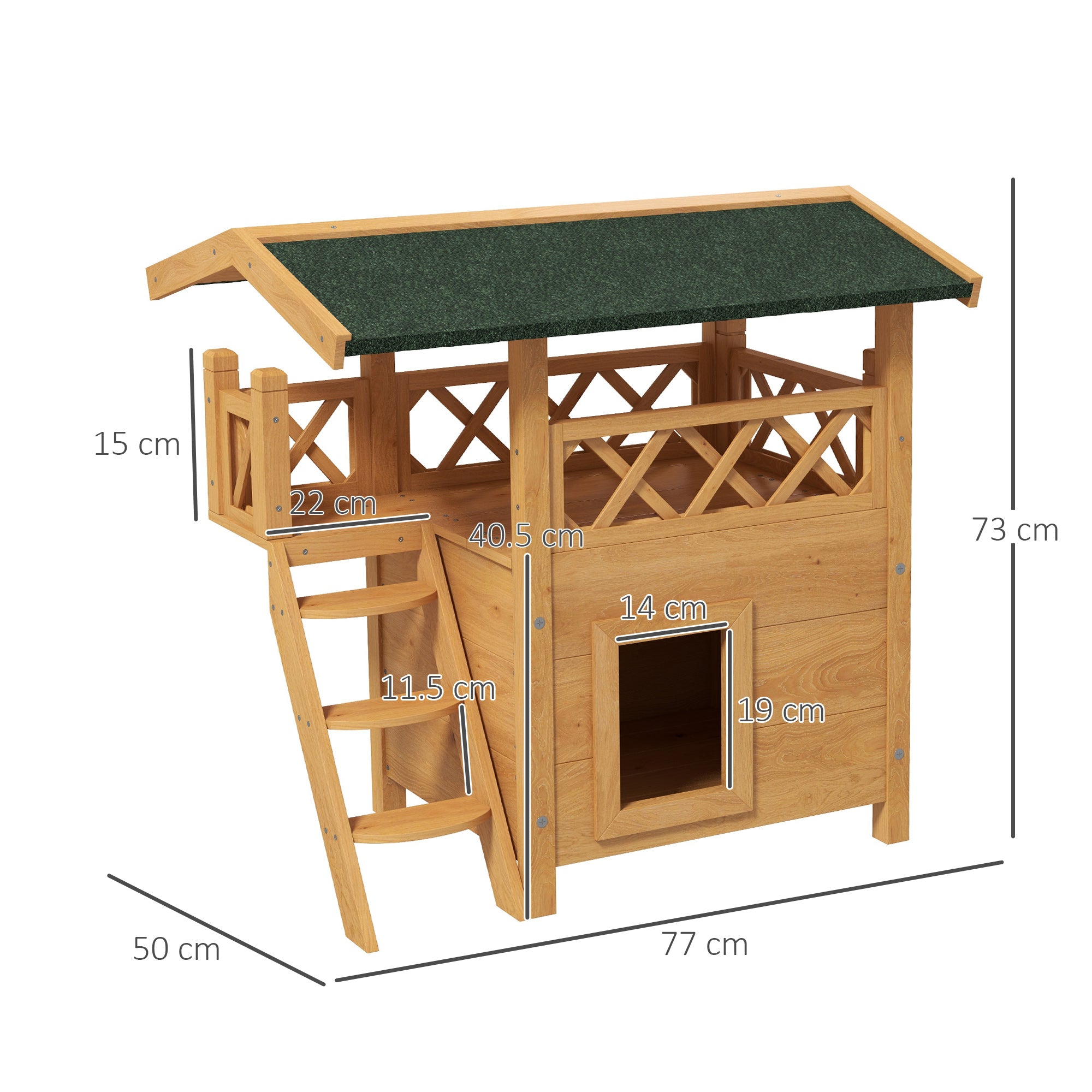 Cat House Outdoor w/ Balcony Stairs Roof, Natural
