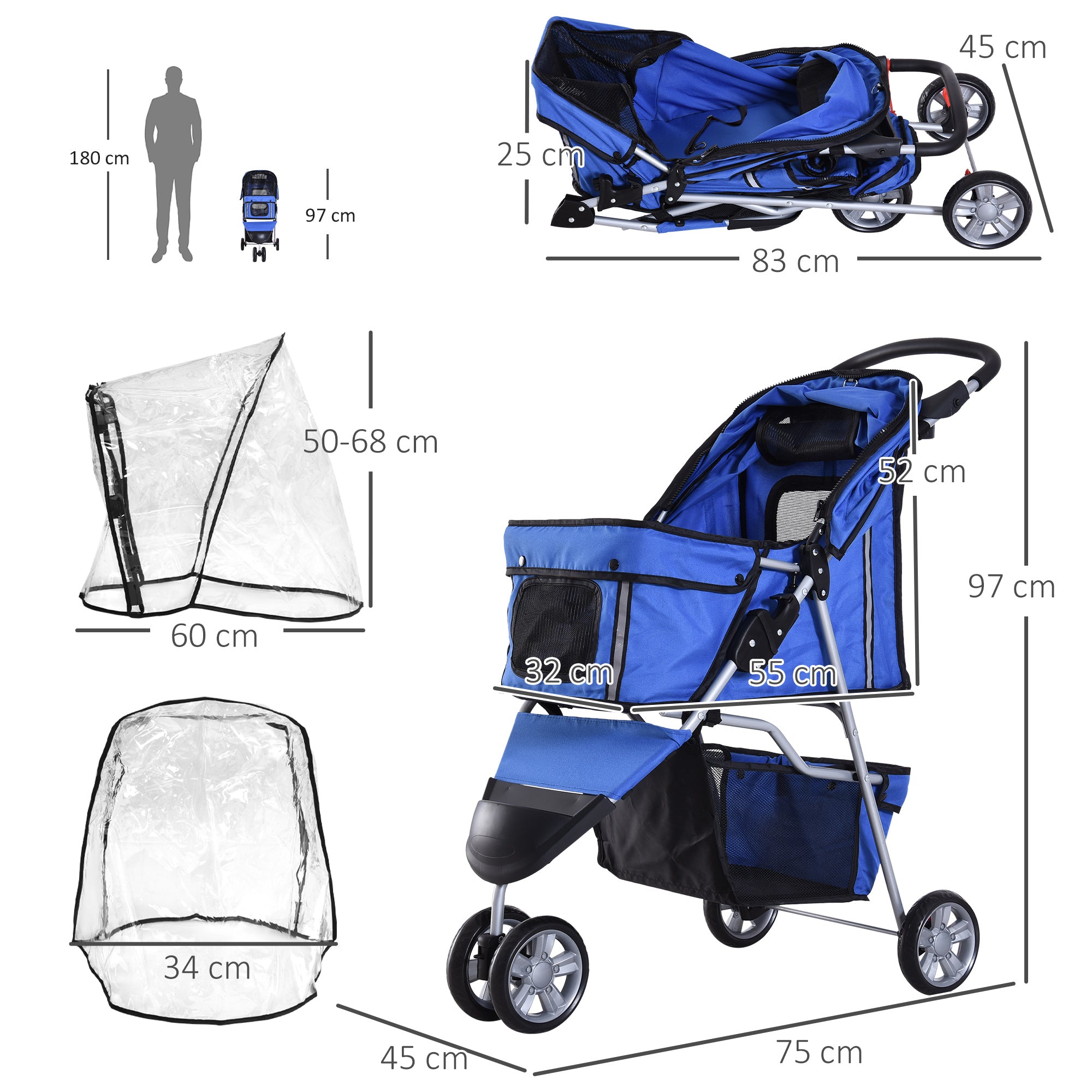 Dog Stroller, Miniature Dog and Cat Pushchair with Cover, Cup Holder, Storage, Reflective Safety Strips, Blue