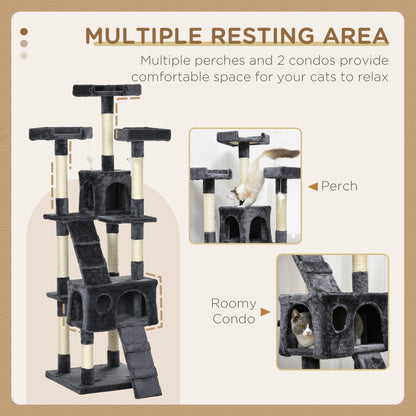 PawHut 173cm Cat Tree Scratching House, Activity Play Centre, Charcoal Grey PawHut