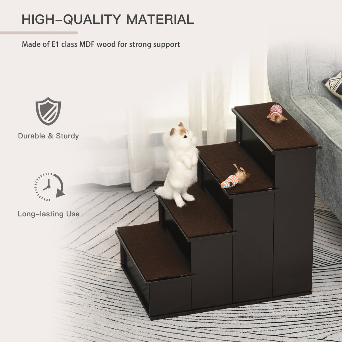 PawHut 4 Step Dog Steps for Bed, Wooden Dog Steps for Sofa, Pet Stairs for Bed Couch with Non-Slip Carpet for Cats and Puppies, 40 x 59 x 54.2 cm, Dark brown PawHut