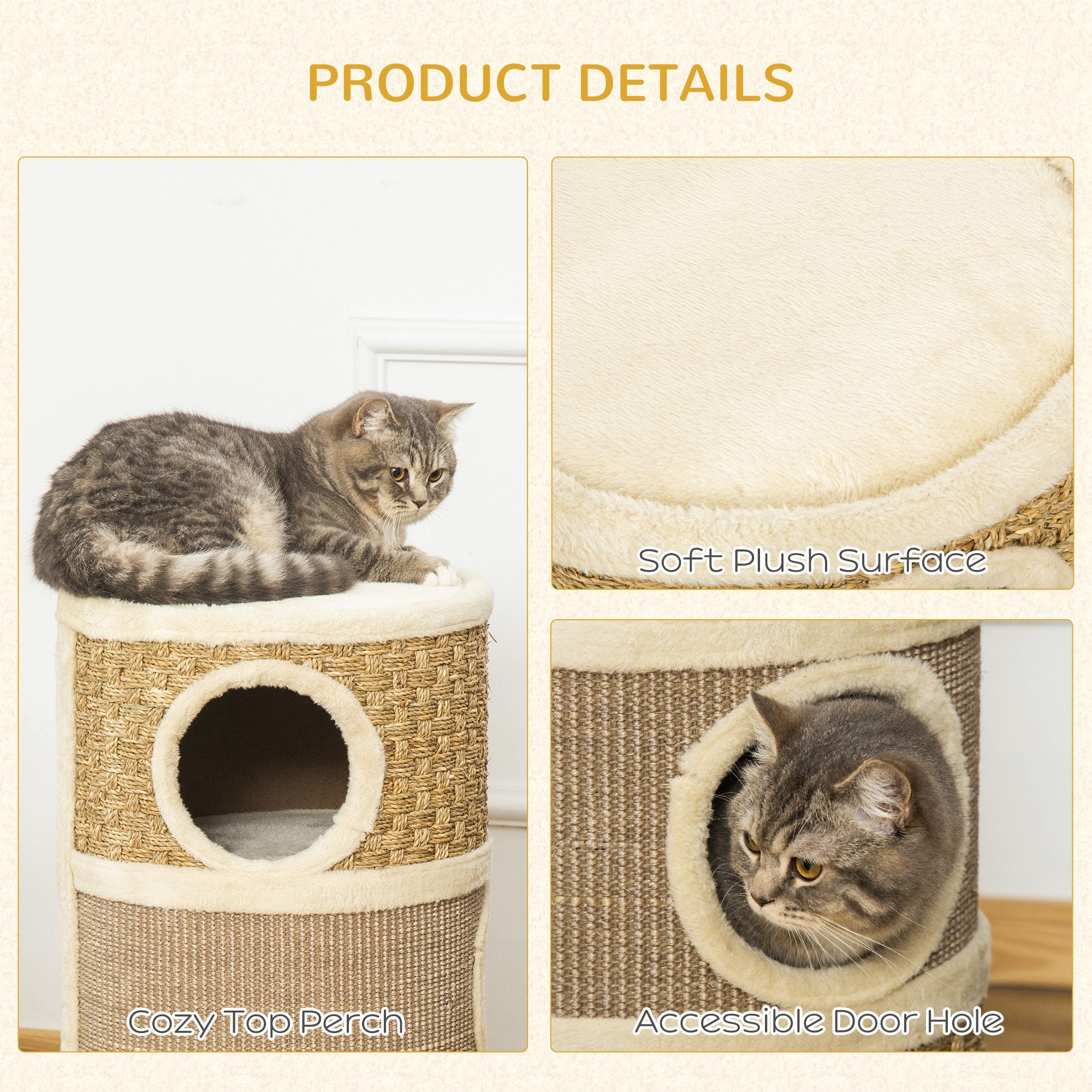 Cat Scratching Barrel Kitten Tree Tower Pet Furniture Climbing Frame Covered with Sisal and Seaweed Rope Cozy Platform Soft Plush