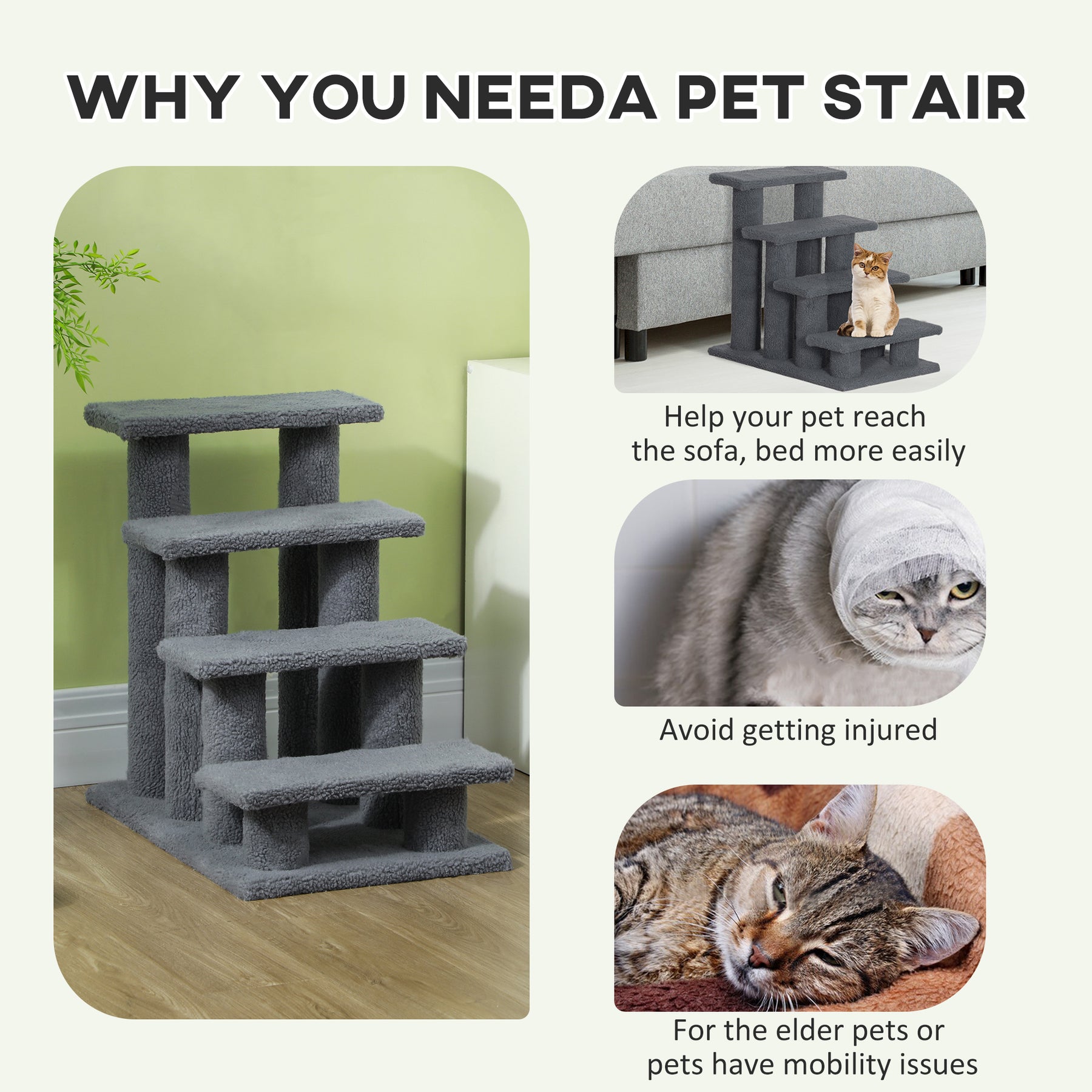 Pet Steps, Portable Stairs for Bed Access, Suitable for Cats & Older Animals, Grey
