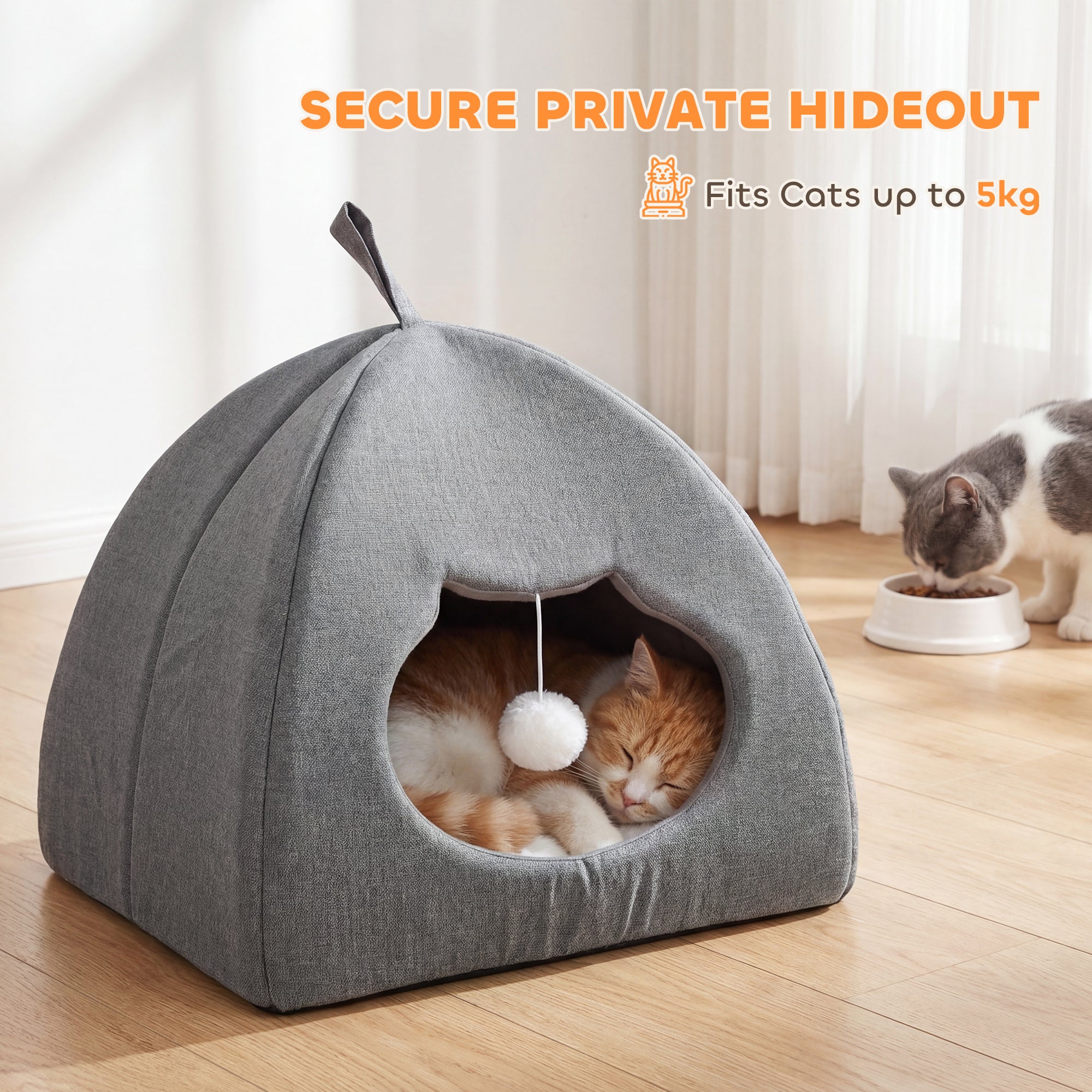 Cat Cave Bed for Indoor Kittens, Cat House with Removable Cushion and Teaser Ball, Kitty Igloo with Anti-Slip Base, Grey