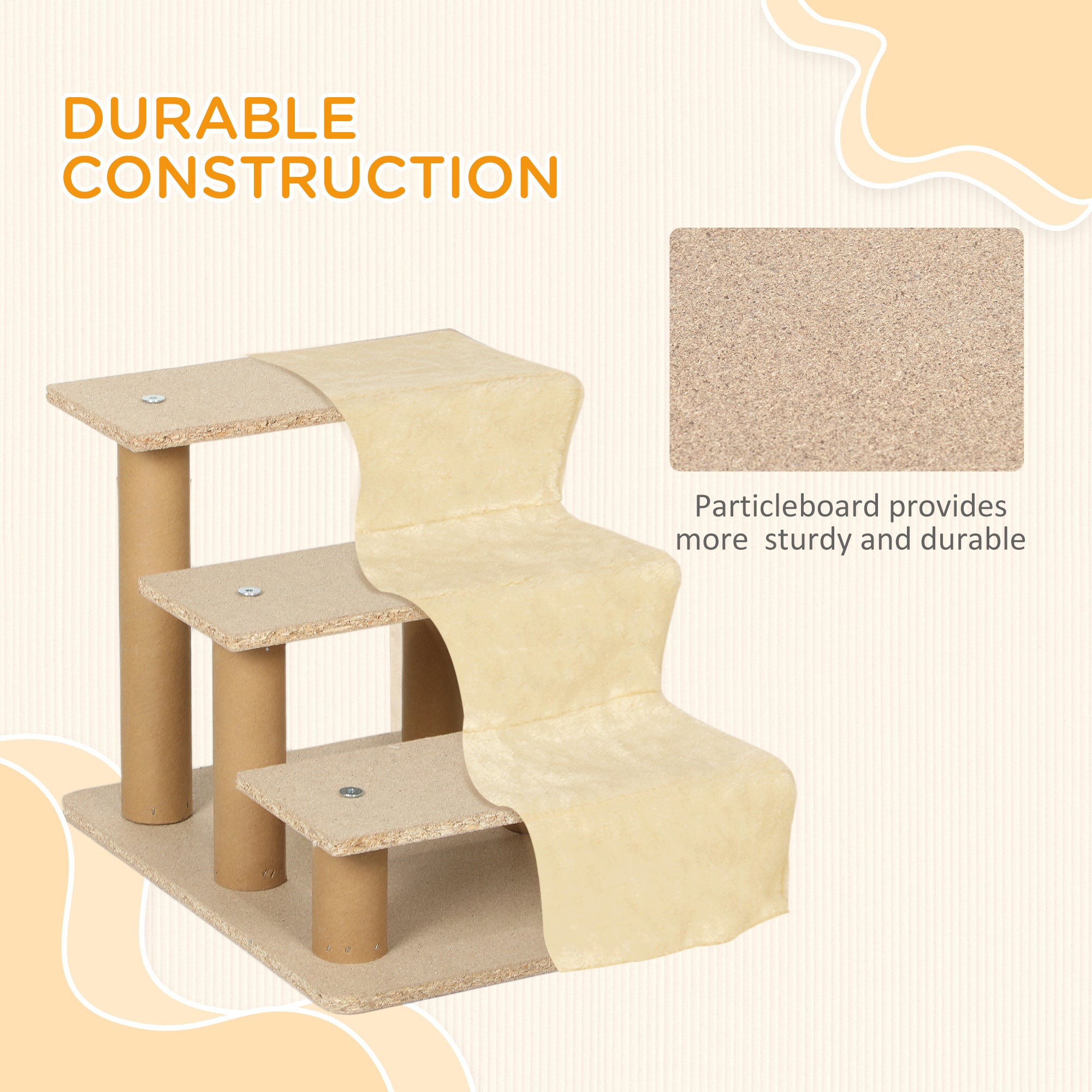 Dog Steps, Three-Step Dog Stairs with Washable Plush Cover, for High Bed Sofa, Dog Stairs for Small Dog and Cat - Beige