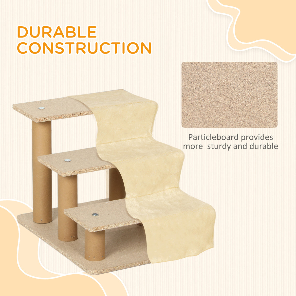 PawHut Three-Step Dog Stairs, with Washable Plush Cover, for High Bed Sofa, Dog Stairs for Small Dog and Cat - Beige PawHut