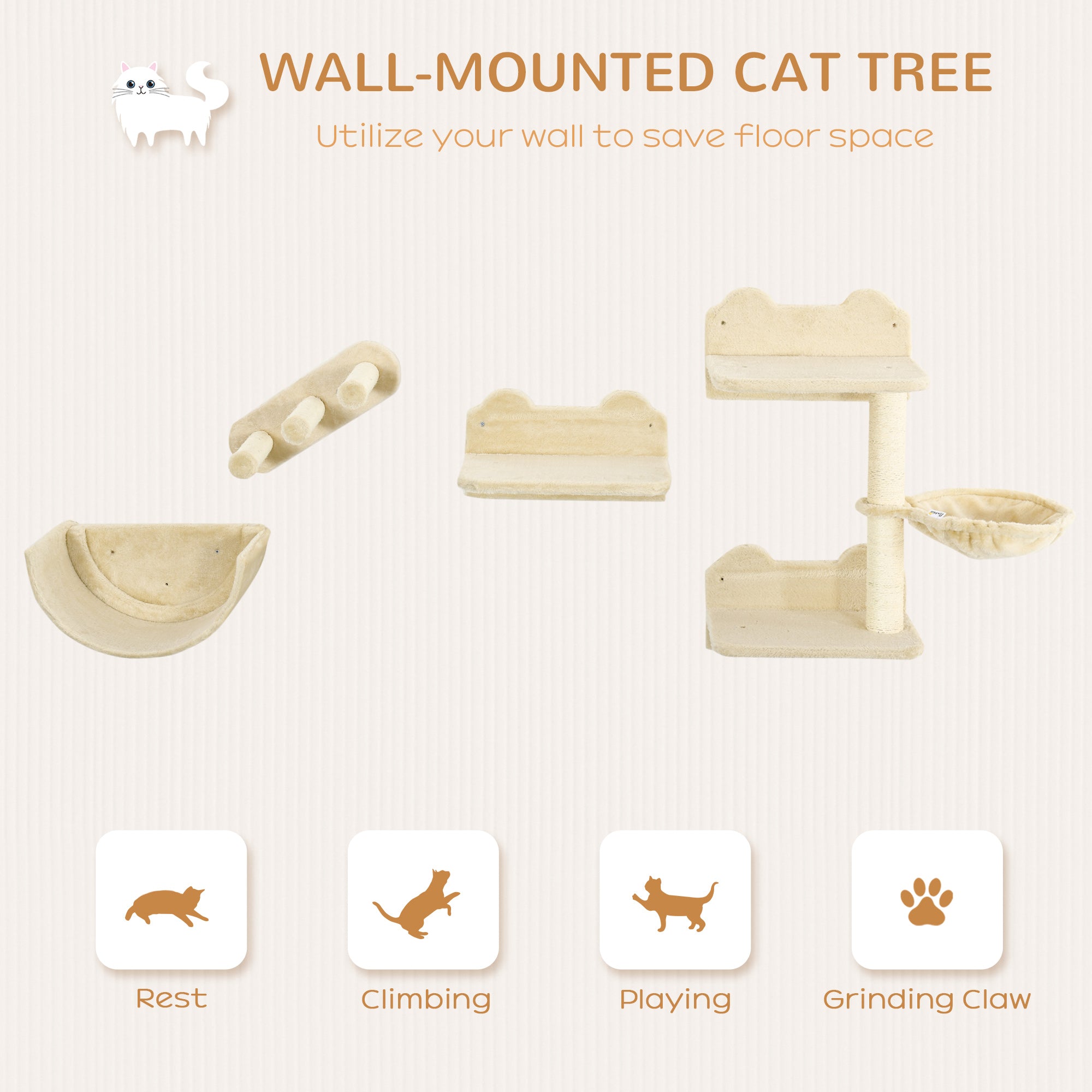 Wall-mounted Cat Shelves Set, Climbing Activity Centre with Hammock, Scratching Post & Jumping Platform for Kittens, Beige